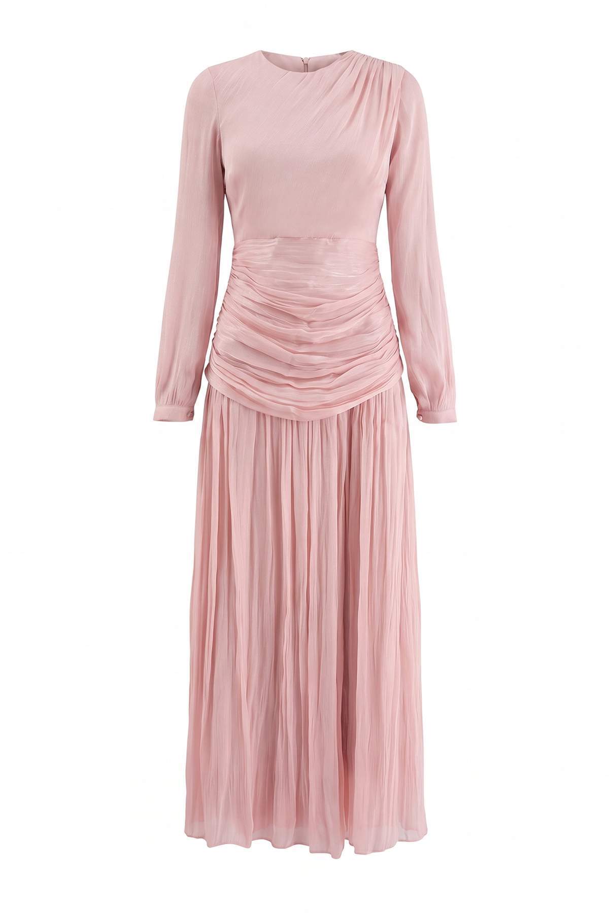 Trendyolmilla Modest Pudra Belde Drapeli Parlak Kumaşlı Dokuma Abiye TCTSS26DB00003