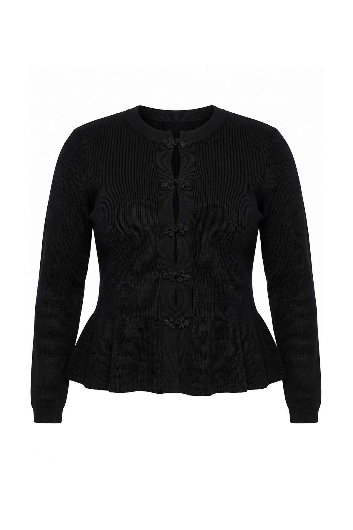 Trendyolmilla Curve Siyah Mandarin Düğmeli Triko Büyük Beden Kazak TBBAW27AV00024