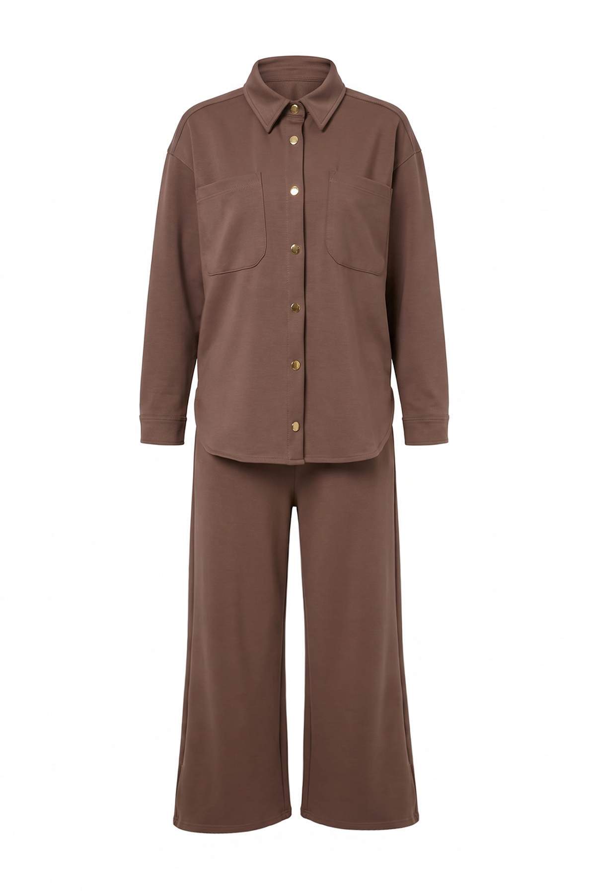 Trendyolmilla Modest Vizon Relaxed/Rahat Kalıp Boru Paça Düğmeli Süet Örme Tesettür Alt - Üst Takım TCTAW27US00029