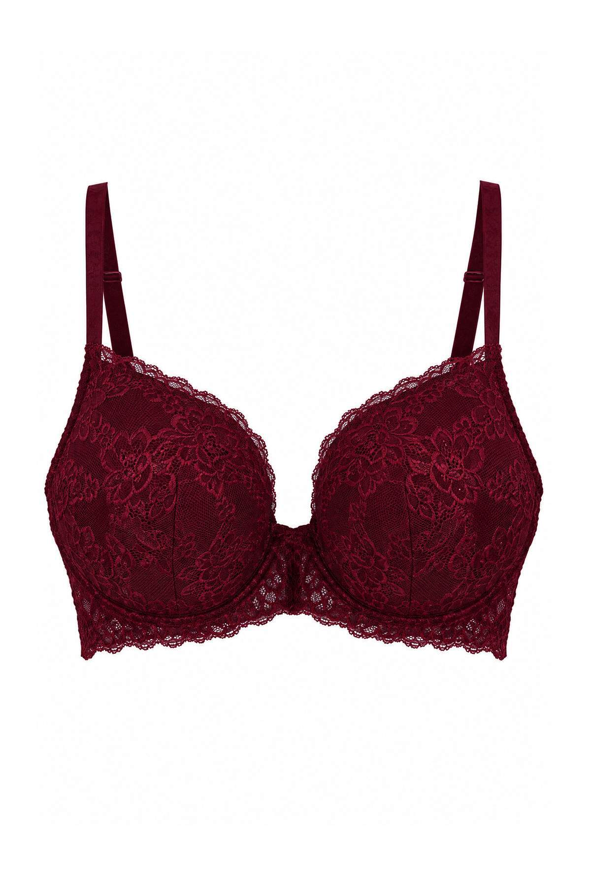 Trendyolmilla Curve Bordo Balenli Sabit Kaplı Dolgusuz Dilim Dantel Detaylı T-Shirt Bra Sütyen