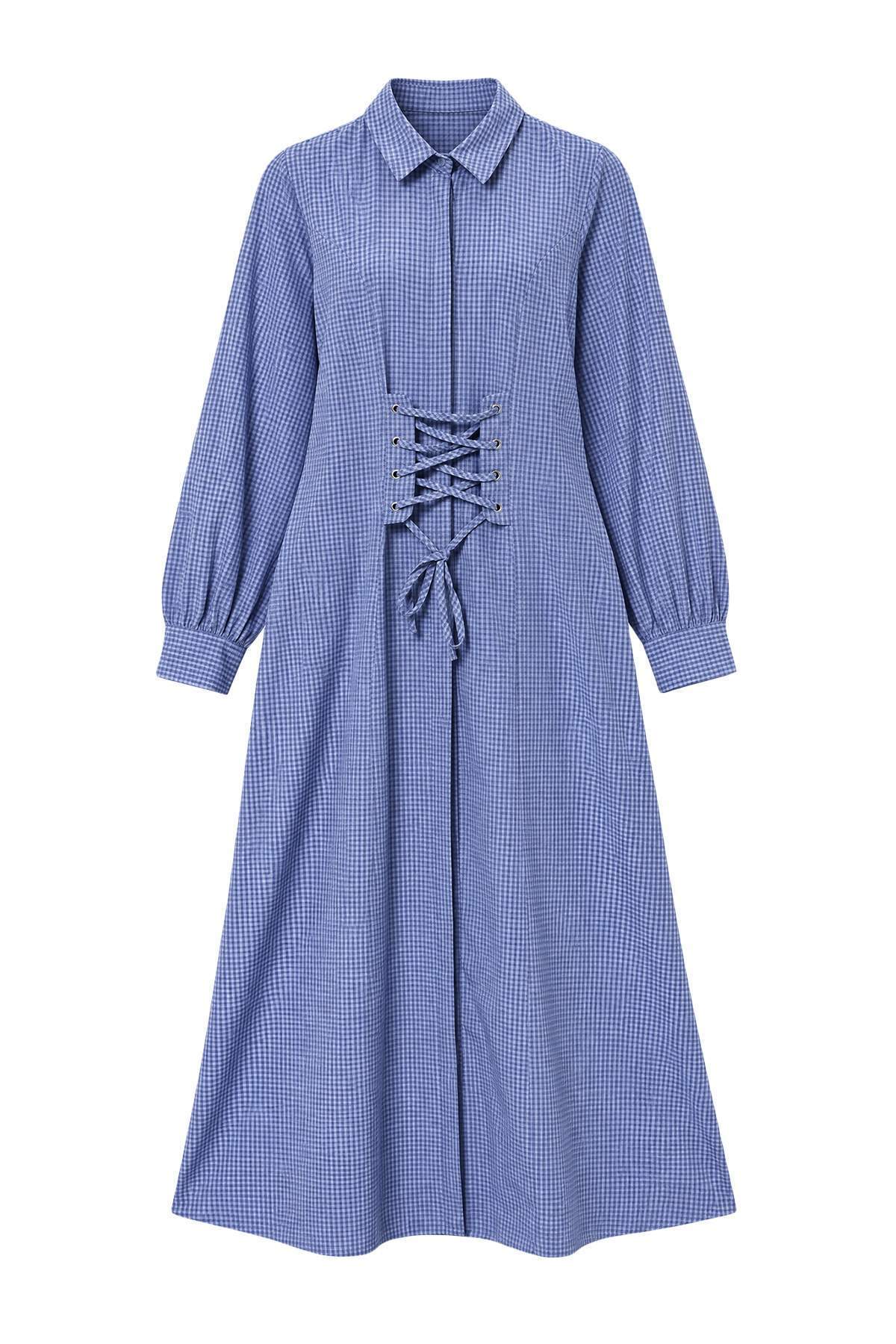 Trendyolmilla Modest Mavi Korse Bağcık Detaylı Ekose Gömlek Yaka Gömlek Elbise Maxi Dokuma Tesettür Elbise TCTAW27EB00038