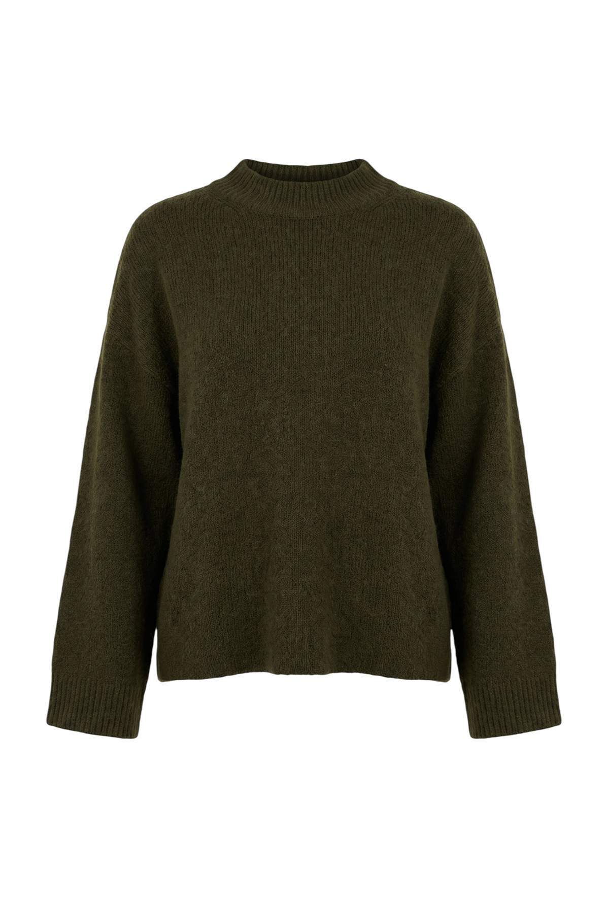 Trendyolmilla Haki Oversize/Geniş Kalıp Yarasa Kol Düz Triko Kazak TWOAW27KZ00260