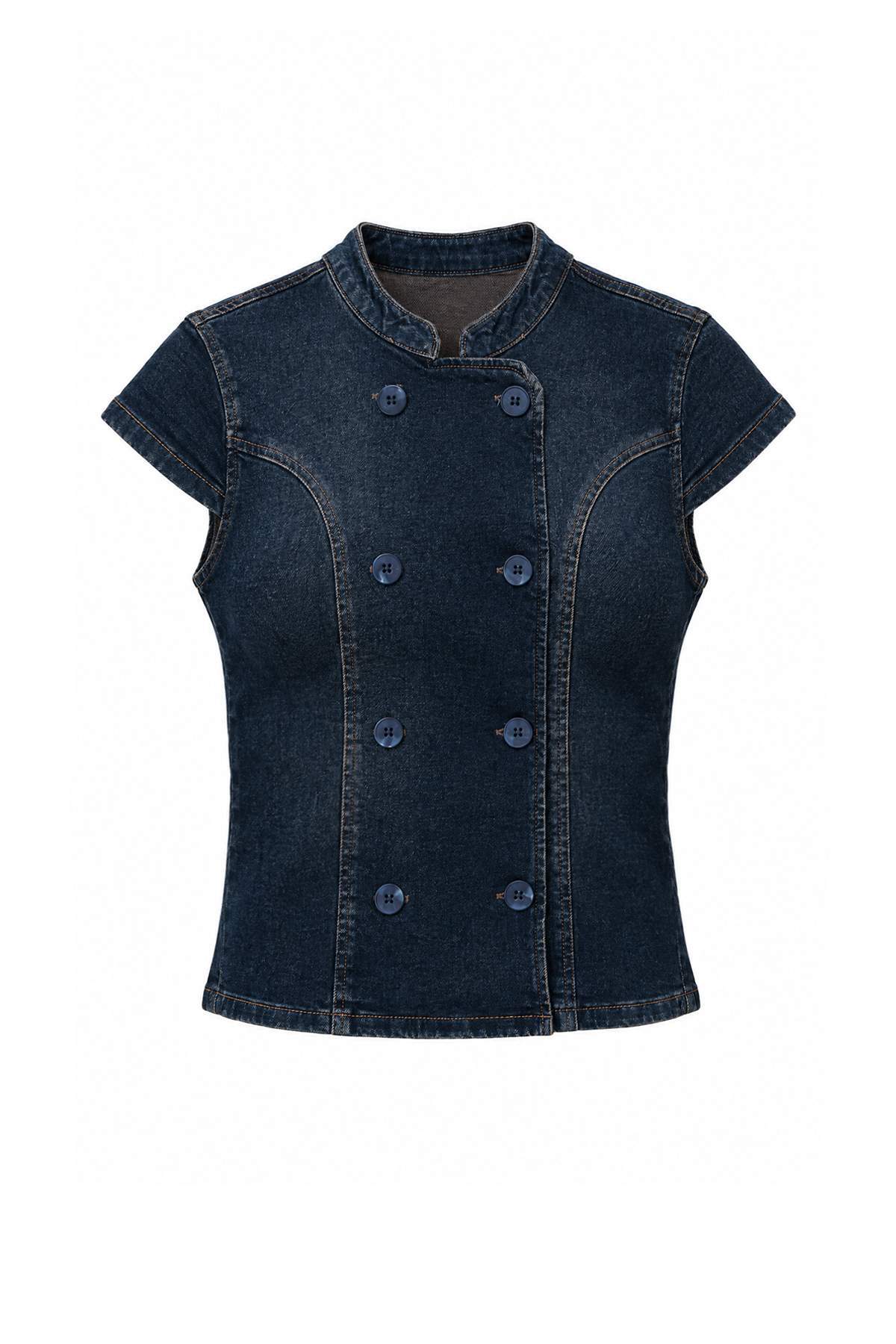 Trendyolmilla Koyu Mavi Düğme Detaylı Denim Bluz TWOAW27BZ00311