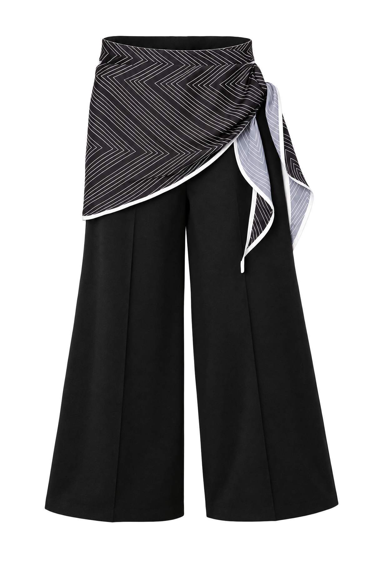 Trendyolmilla Petite Siyah Şal Detaylı Geniş Paça Pantolon TWOAW27PL00097