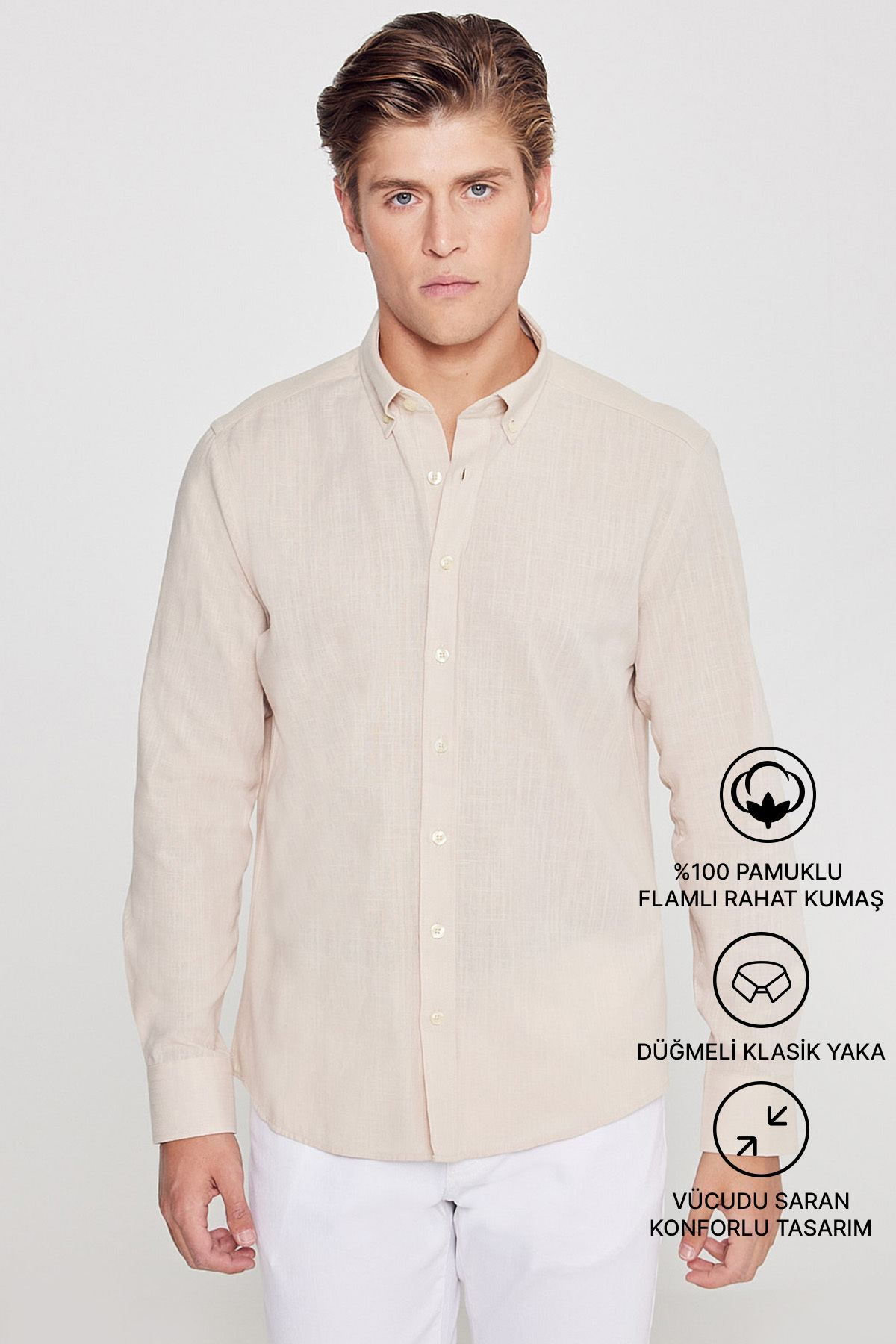 AC&Co / Altınyıldız Classics Erkek Bej Kolay Ütülenebilen %100 Pamuk Nefes Alabilen Terletmez Slim Fit Gömlek görsel 3