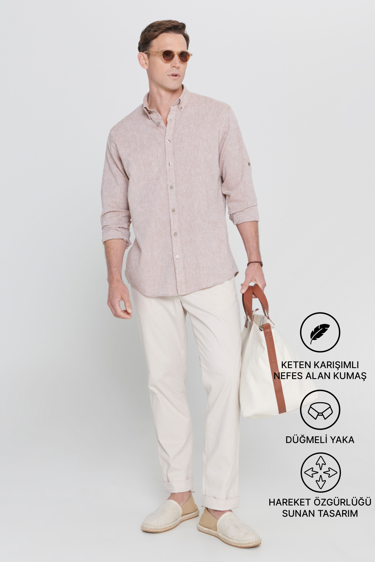 AC&Co / Altınyıldız Classics Erkek Camel Keten Comfort Fit Rahat Kesim Düğmeli Yaka Casual Gömlek