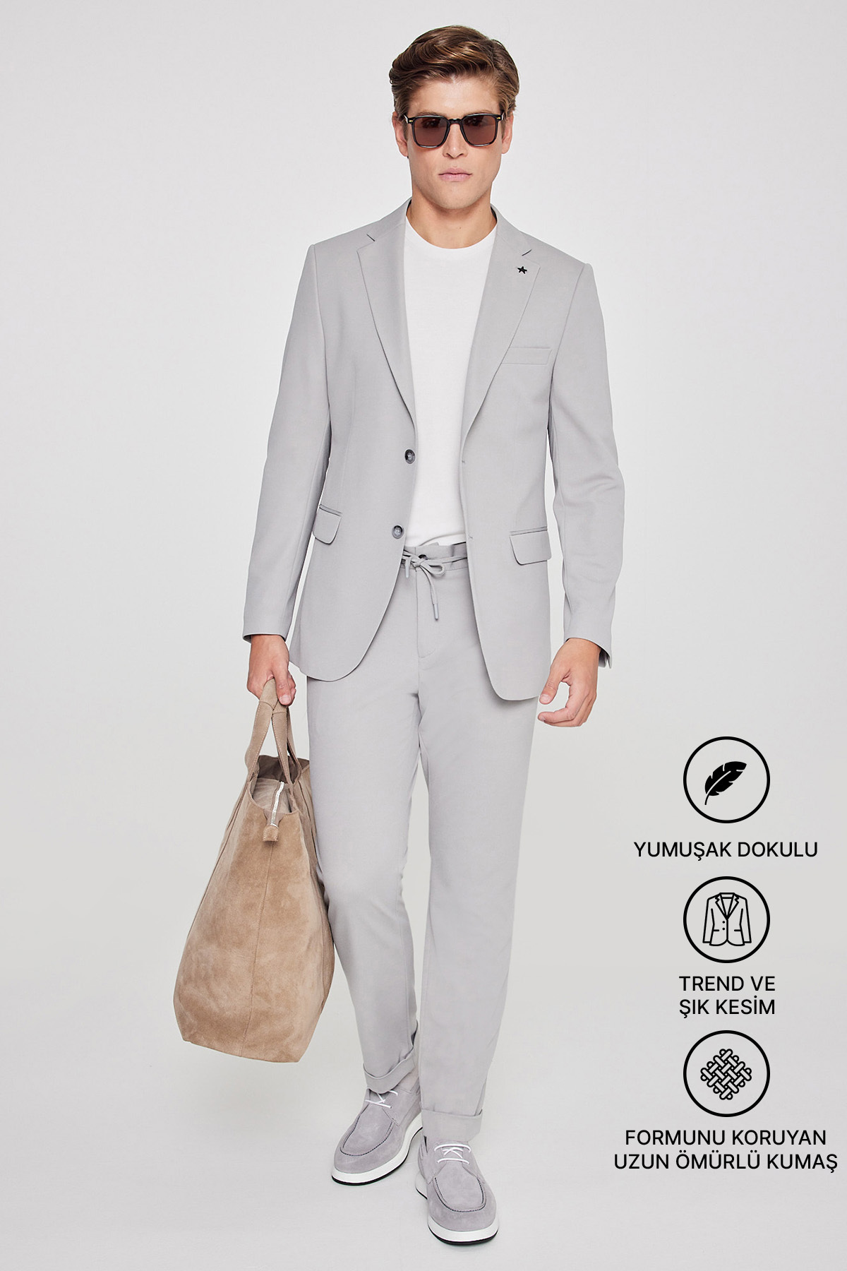 AC&Co / Altınyıldız Classics Erkek Gri Slim Fit Dar Kesim Mono Yaka Beli Bağlamalı Kapak Cepli Esnek Takım Elbise görsel 2