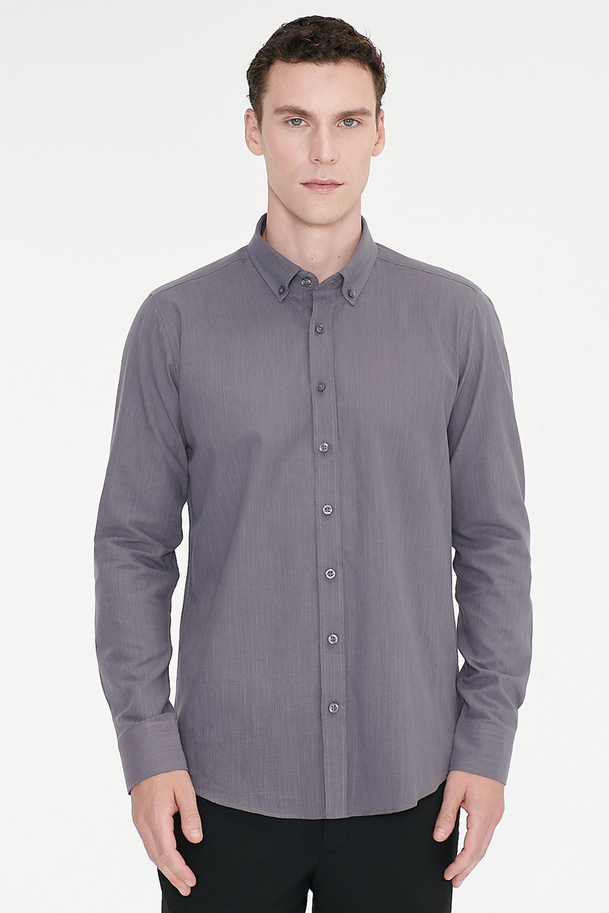 AC&Co / Altınyıldız Classics Erkek Antrasit %100 Pamuk Nefes Alabilen Terletmez Slim Fit Gömlek Flamlı görsel 3