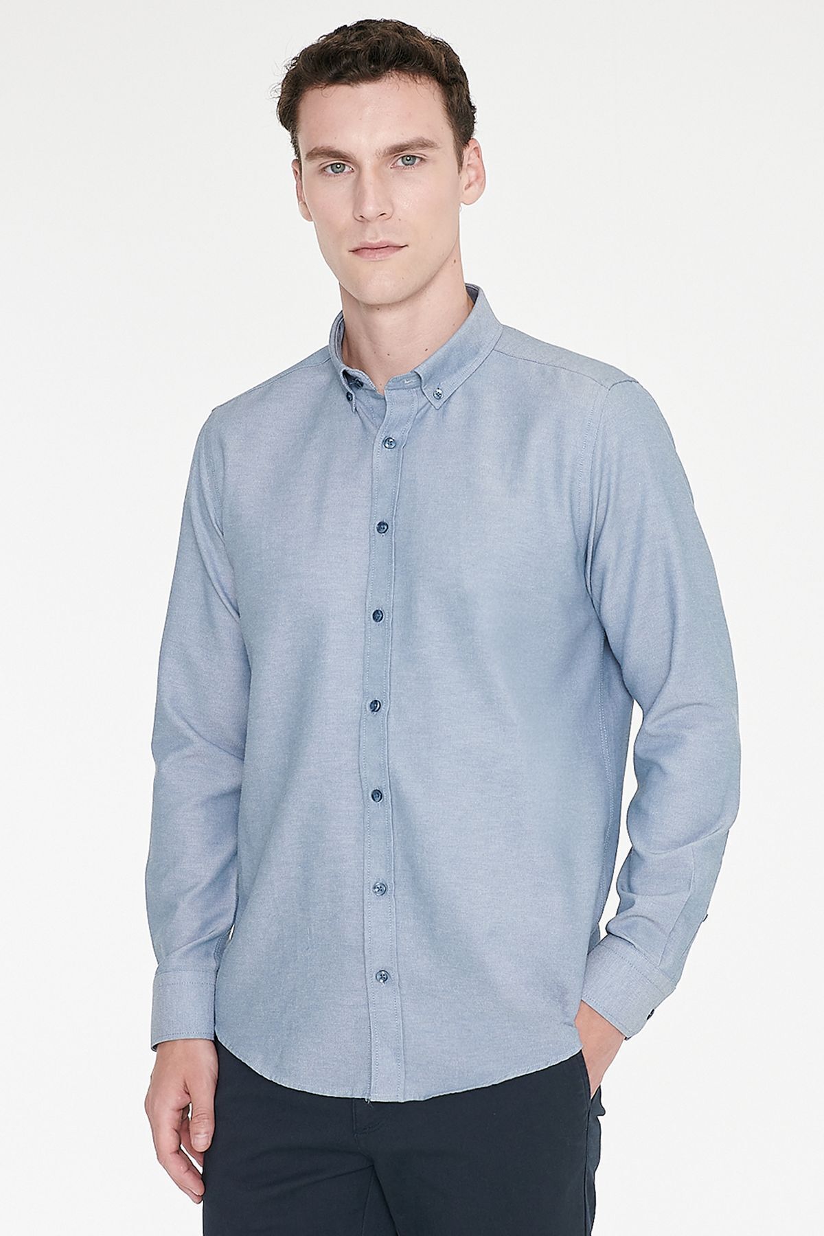 AC&Co / Altınyıldız Classics Erkek Oxford Kolay Ütülenebilir Pamuklu Terletmez Gömlek Gri Düğmeli Yaka Slim Fit Dar Kesim görsel 7