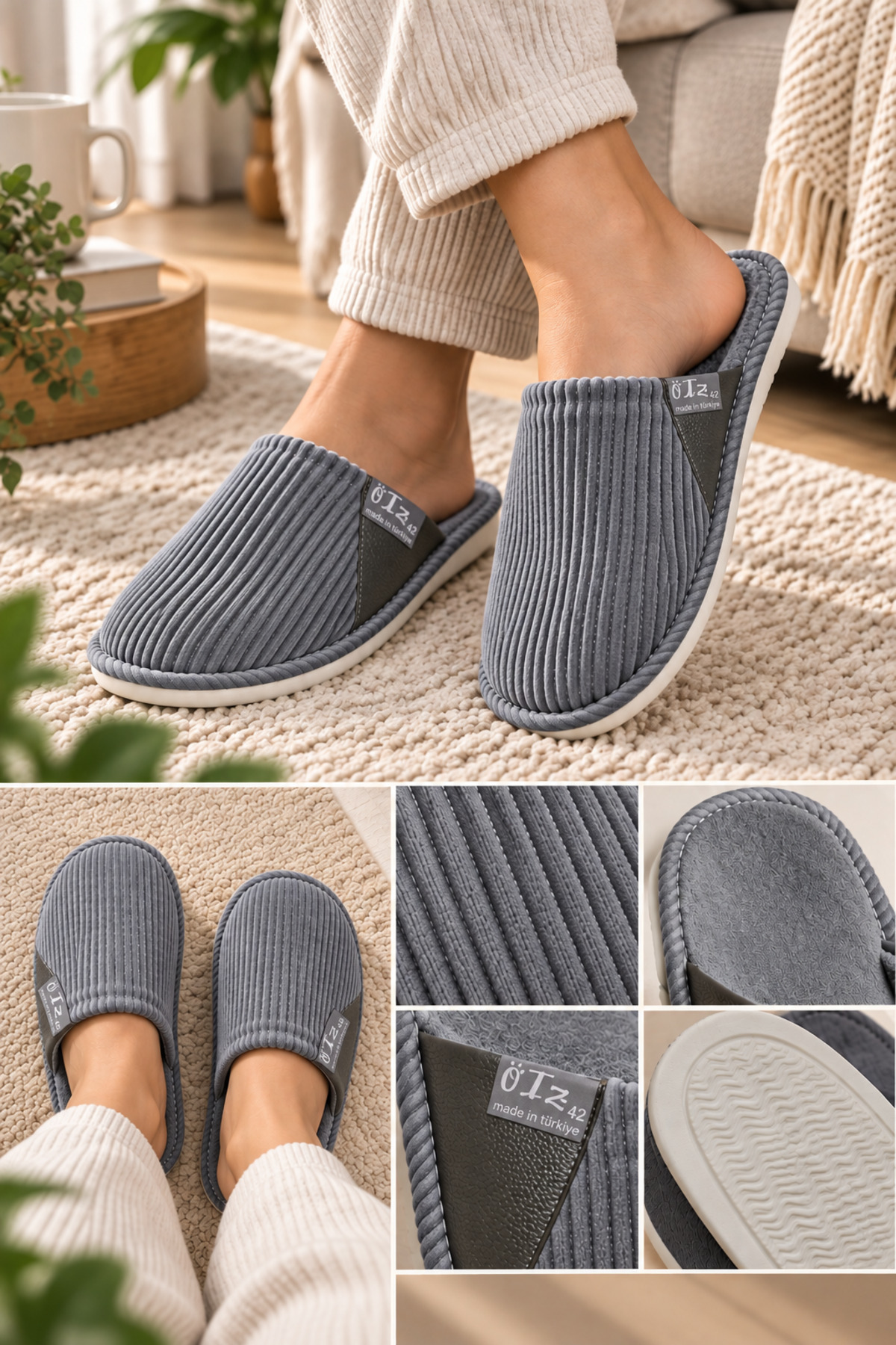 Slipcat Unisex Ev Terliği Kaymaz Tabanlı Ribana Kumaş Konforlu Model Şık ve Konforlu Ev İçi Terlik Yarı Der görsel 2