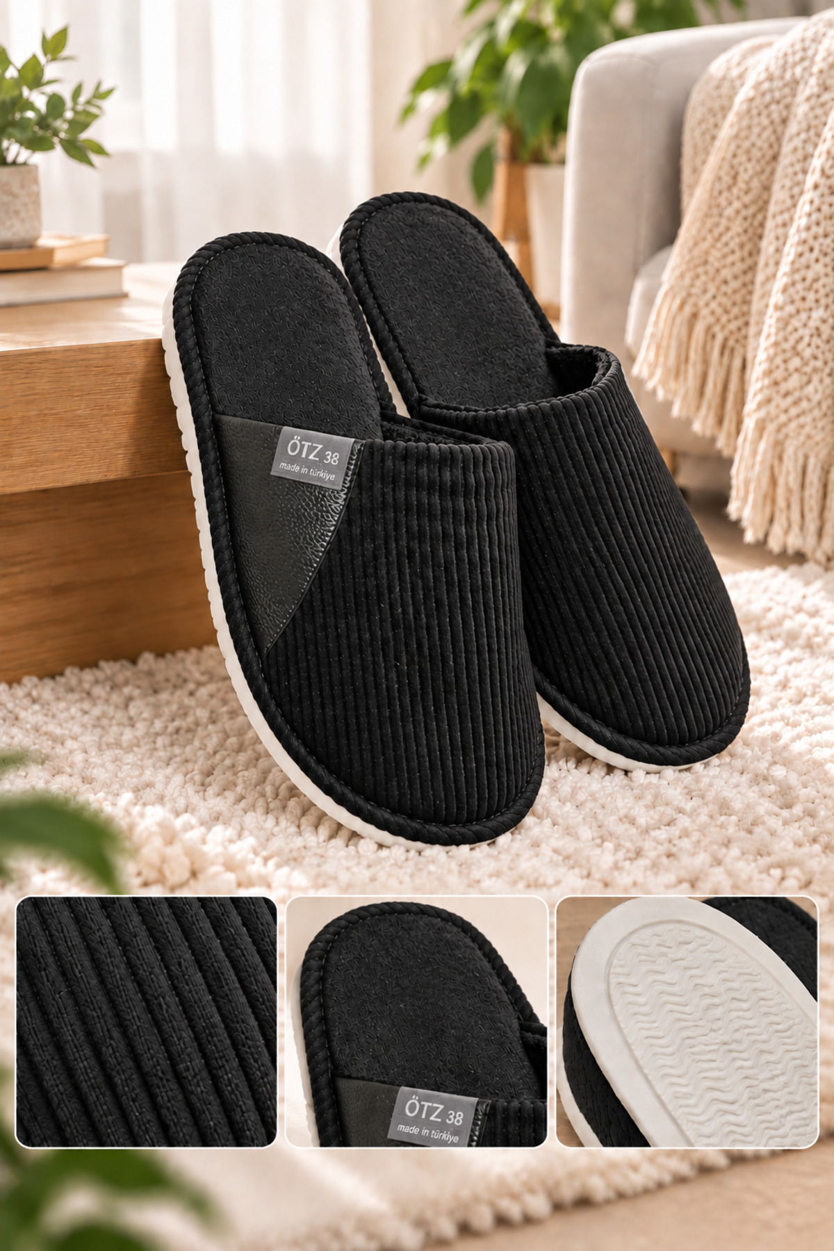 Slipcat Unisex Ev Terliği Kaymaz Tabanlı Ribana Kumaş Konforlu Model Şık ve Konforlu Ev İçi Terlik Yarı Der