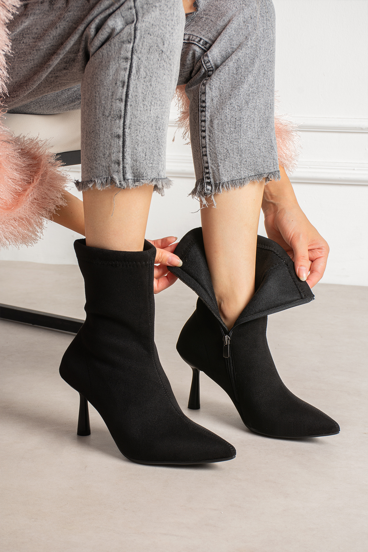 dabab shoes MARYA Kadın Siyah Streç Lüks Süet Sivri Burun Sıcak Astarlı Fermuarlı 7 Cm İnce Topuklu Bot Bootie görsel 3