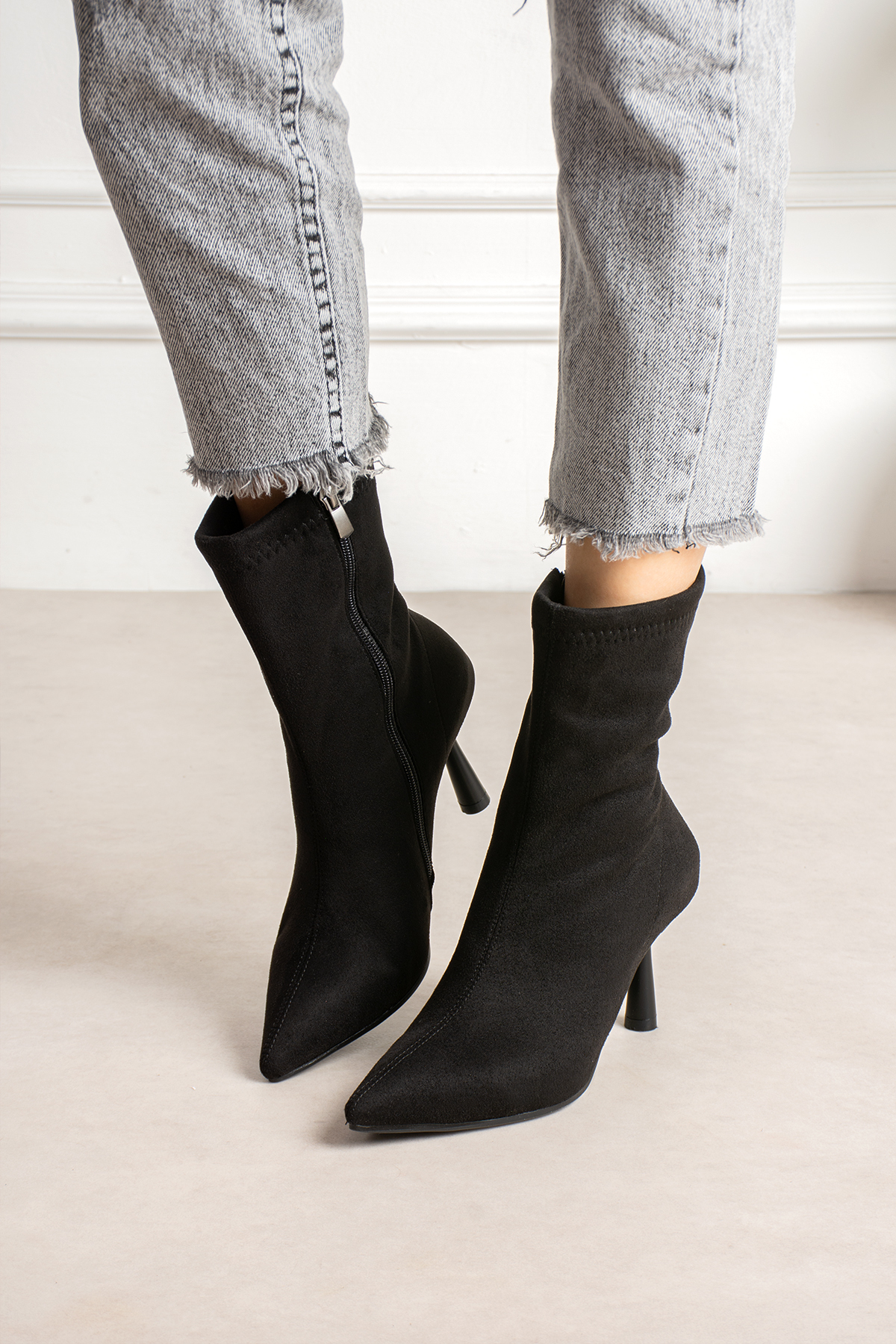 dabab shoes MARYA Kadın Siyah Streç Lüks Süet Sivri Burun Sıcak Astarlı Fermuarlı 7 Cm İnce Topuklu Bot Bootie