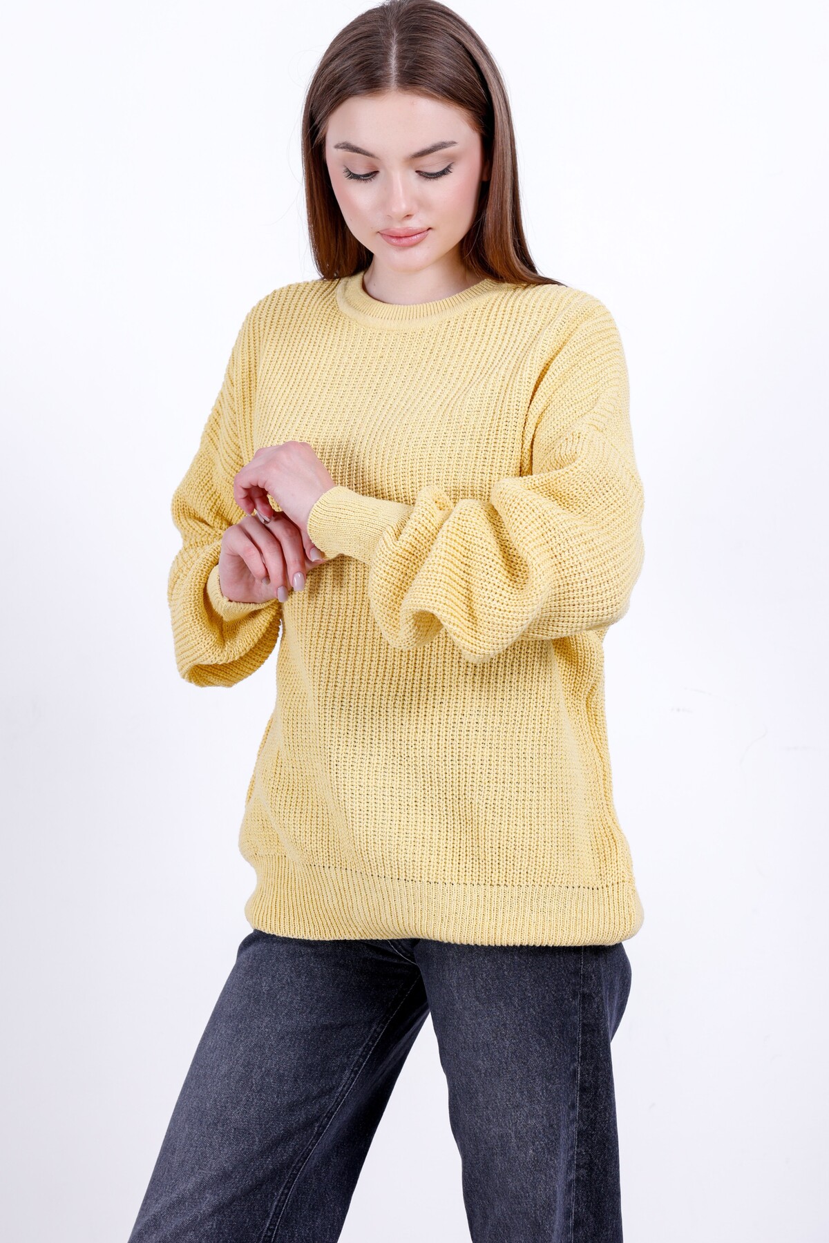 Kırlangıç Moda Sarı Oversize Bisiklet Yaka Kadın Triko Kazak görsel 5