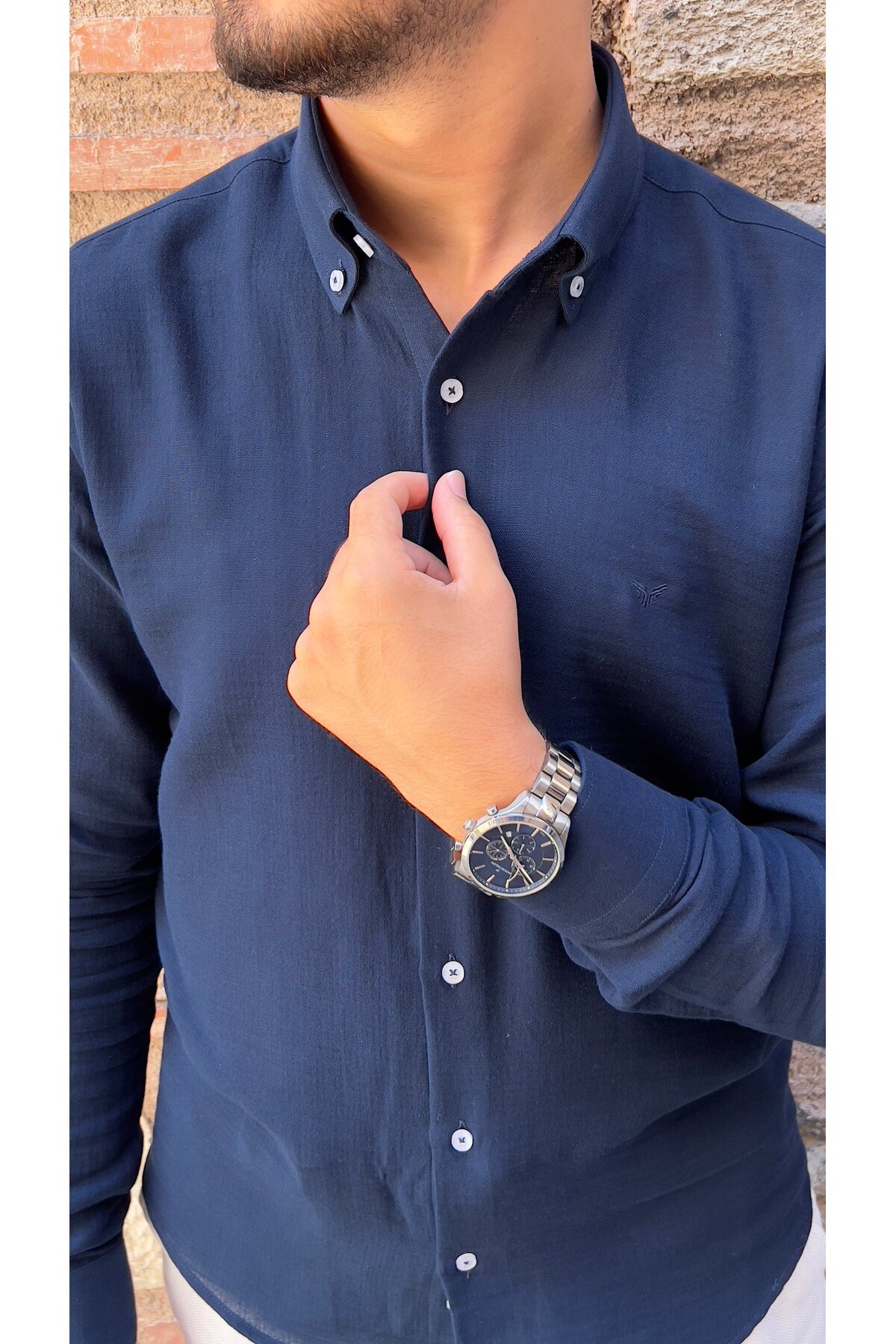 Slim Fit Uzun Kol Müslin Pamuk Rahat Nefes Alabilen Kumaştan Yaka Düğmeli Hediye Kutulu Erkek Gömlek — سرمه‌ای FS-004202 — تصویر 2 از 7