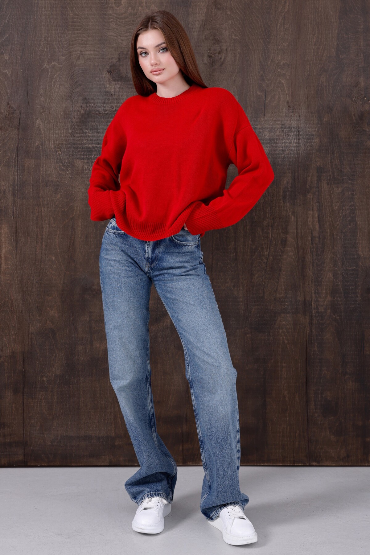 Kırlangıç Moda Kırmızı Oversize Bisiklet Yaka Kadın Triko Kazak görsel 4