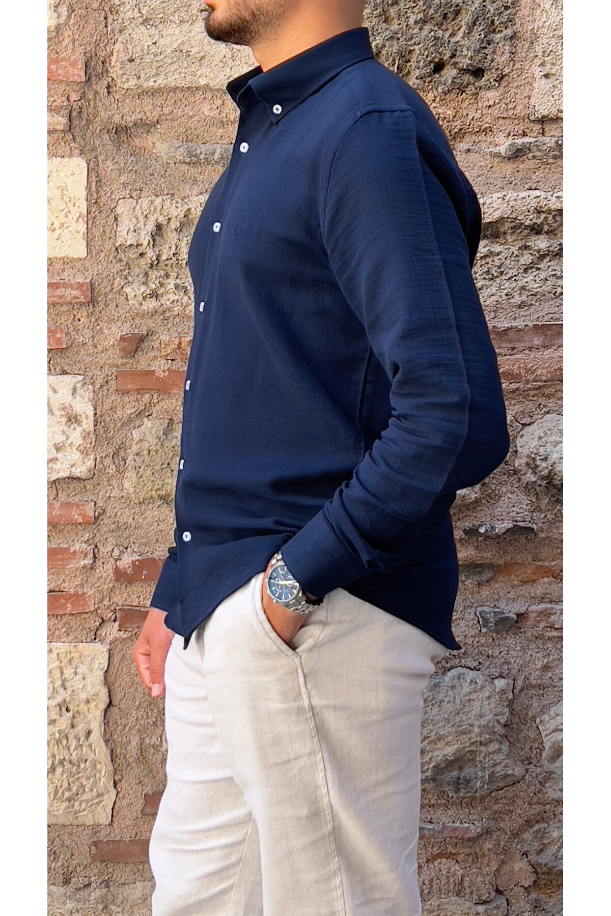 Slim Fit Uzun Kol Müslin Pamuk Rahat Nefes Alabilen Kumaştan Yaka Düğmeli Hediye Kutulu Erkek Gömlek — سرمه‌ای FS-004202 — تصویر 3 از 7