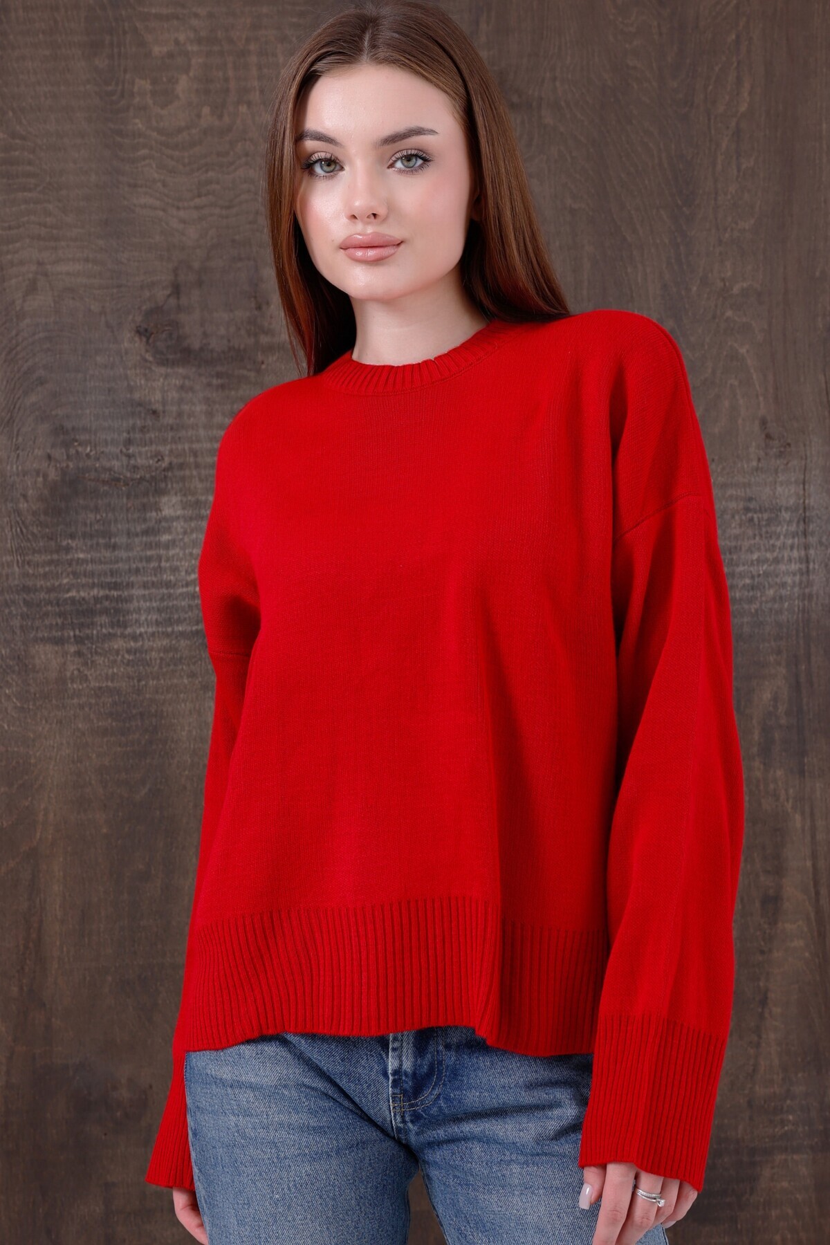 Kırlangıç Moda Kırmızı Oversize Bisiklet Yaka Kadın Triko Kazak görsel 3
