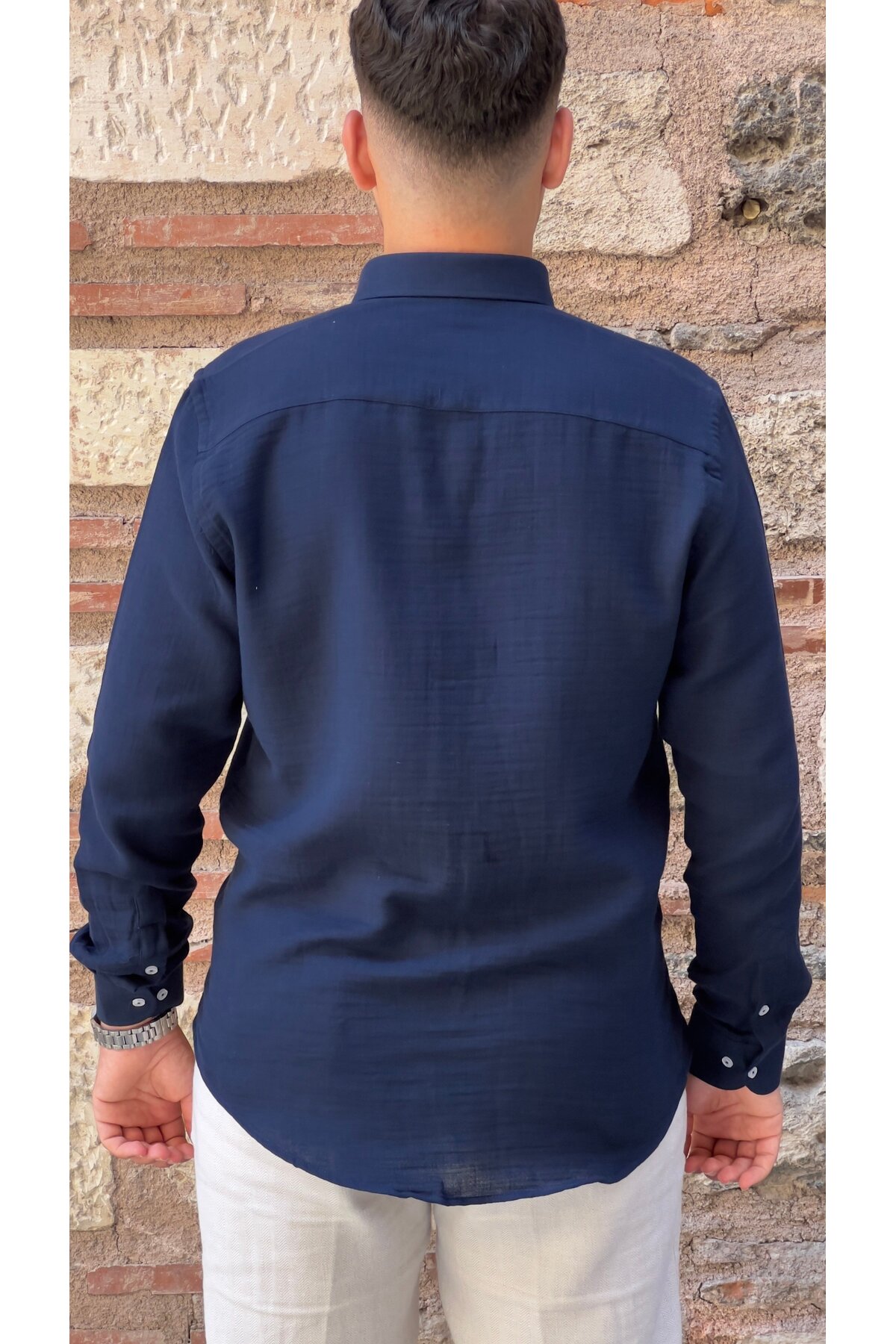 Slim Fit Uzun Kol Müslin Pamuk Rahat Nefes Alabilen Kumaştan Yaka Düğmeli Hediye Kutulu Erkek Gömlek — سرمه‌ای FS-004202 — تصویر 4 از 7