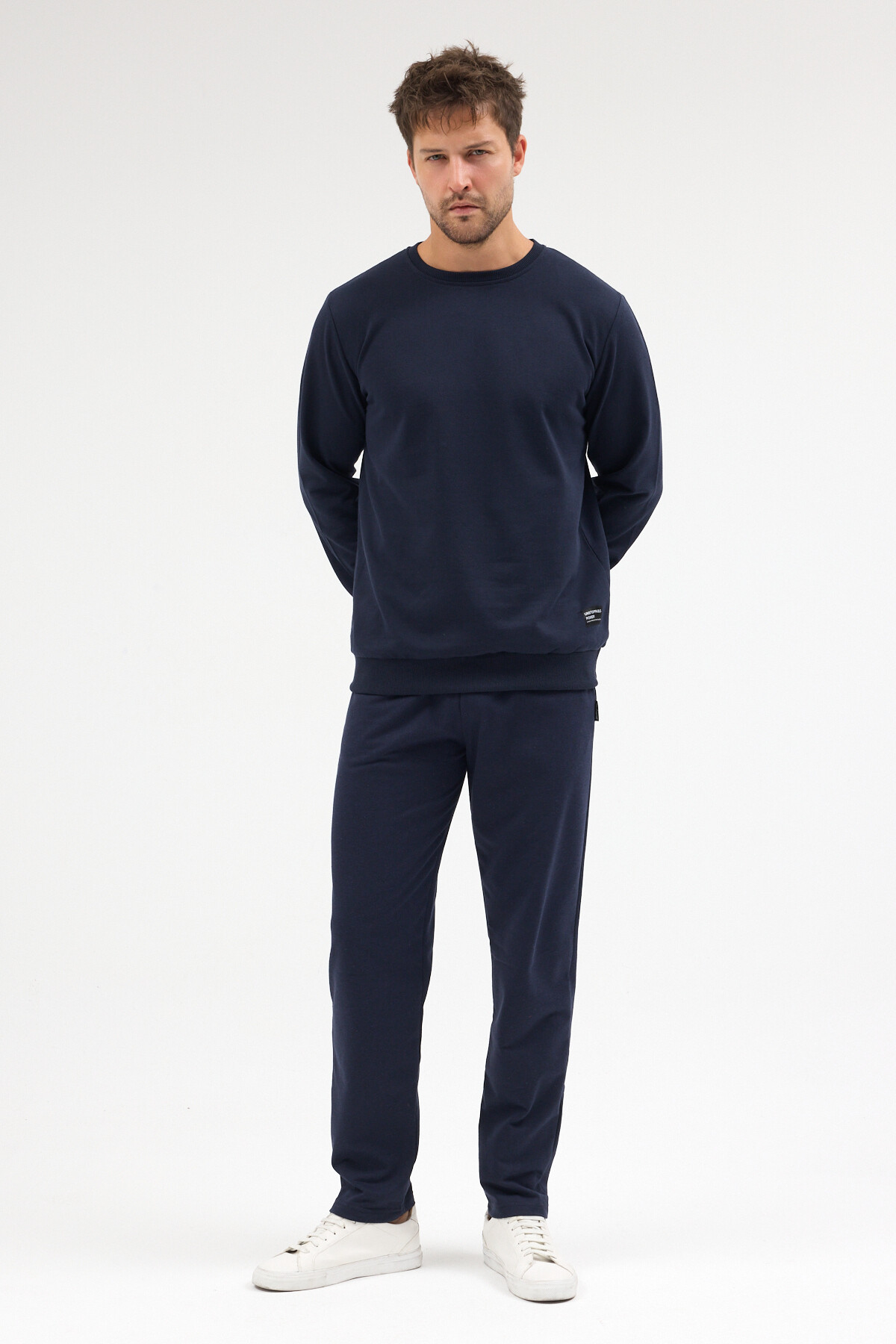 Lacivert Relaxed Fit Bisiklet Yaka Sweatshirt Düz Paça Erkek Eşofman Takımı — رنگارنگ MTLCE3847