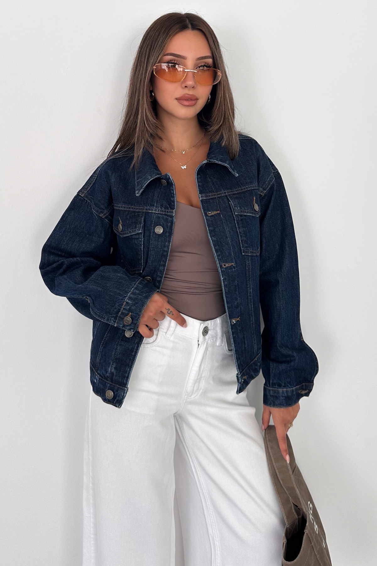 HLT JEANS Kadın Koyu Mavi Jean Denim Oversize Kalıp Beli Lastikli Cepli Düğmeli Kot Ceket LARA-5009