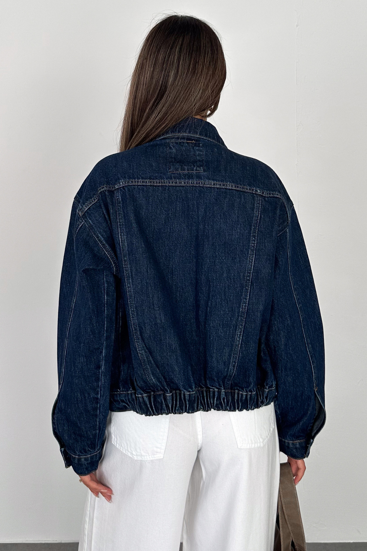 HLT JEANS Kadın Koyu Mavi Jean Denim Oversize Kalıp Beli Lastikli Cepli Düğmeli Kot Ceket LARA-5009 görsel 5