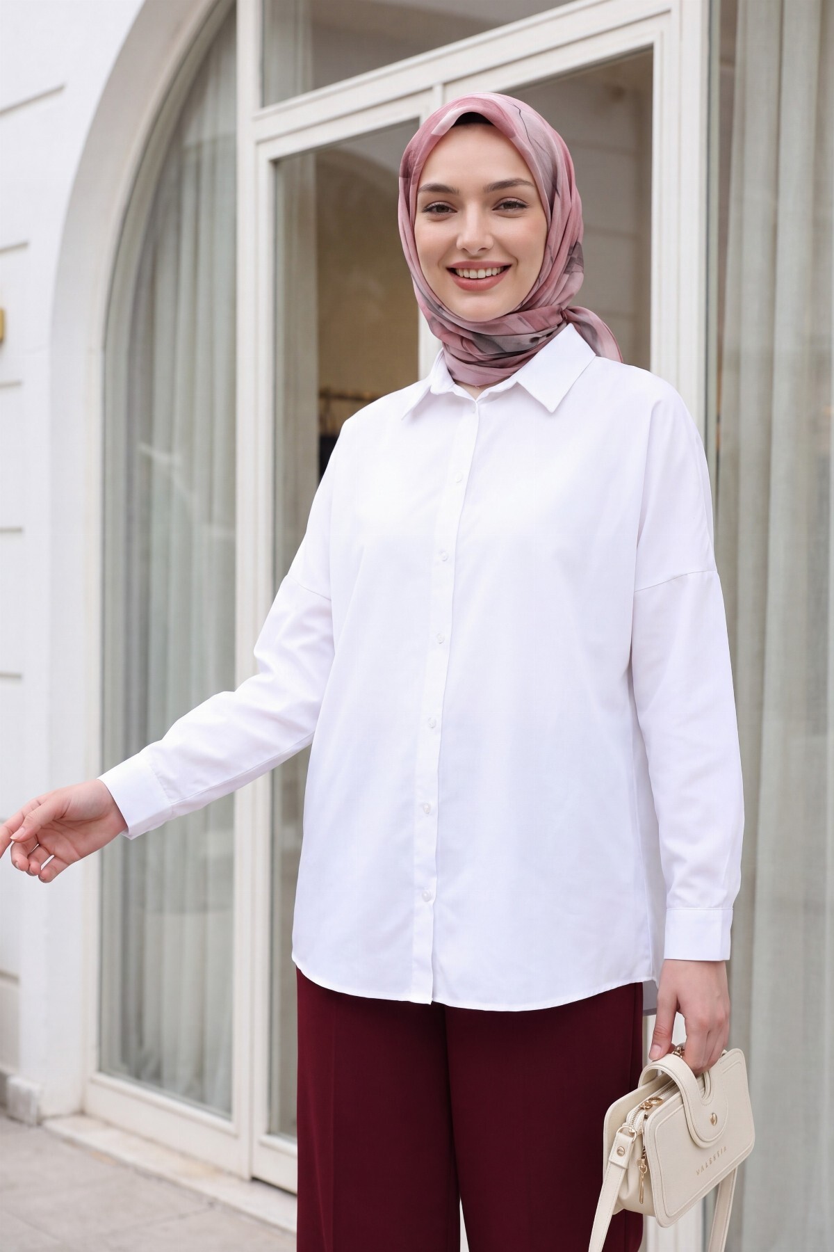 Modamorfo Boydan Düğmeli Gömlek -beyaz görsel 4