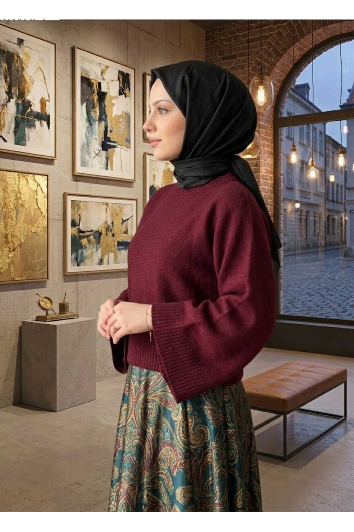 METLAM TEKSTİL Kadın Bordo Yarasa Kol Kazak görsel 2