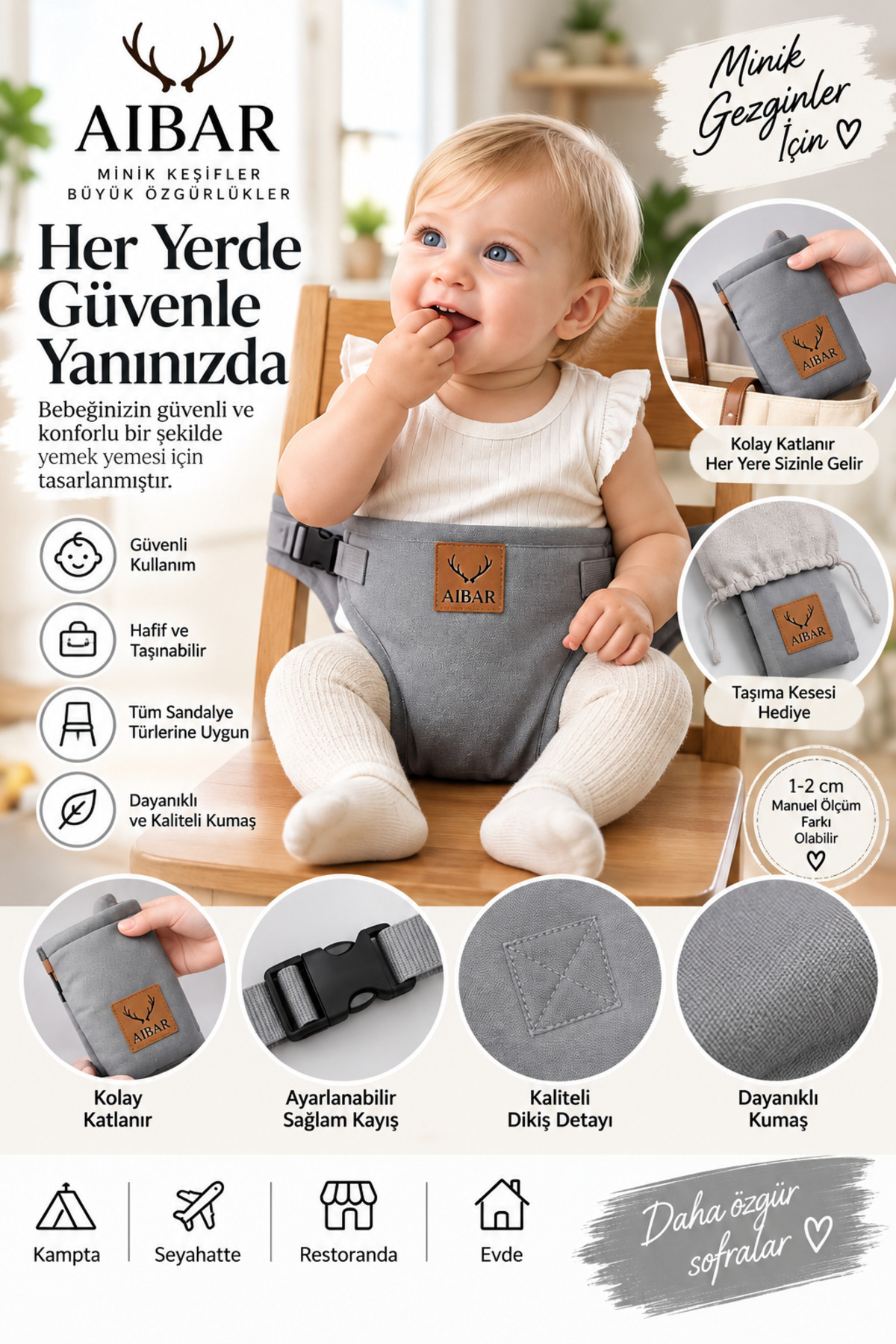 AİBAR Taşınabilir Bebek Mama Sandalyesi | Katlanabilir Güvenli Sandalye Kemeri | Taşıma Keseli