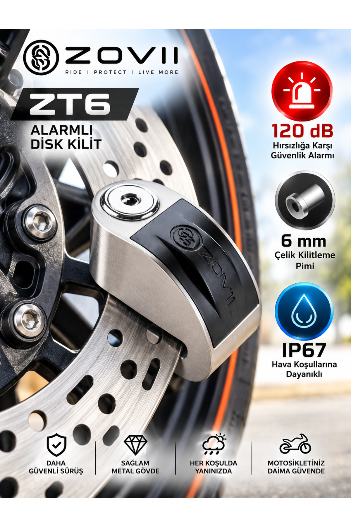 ZOVII ZT6 | Gri 120 dB Alarmlı Motosiklet Disk Kilidi – IP67, Su