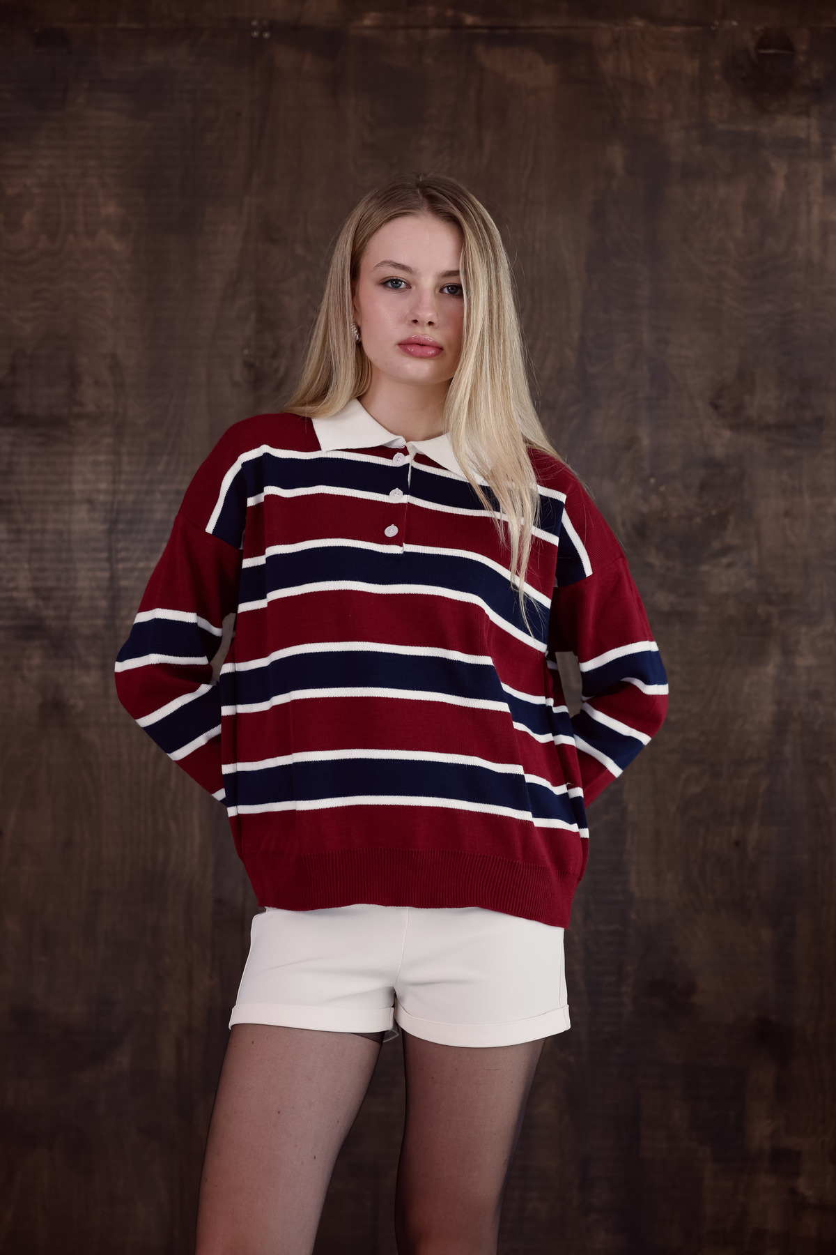 MODASPARK Bordo Çizgili Polo Yaka Düğmeli Kadın Triko Kazak görsel 5