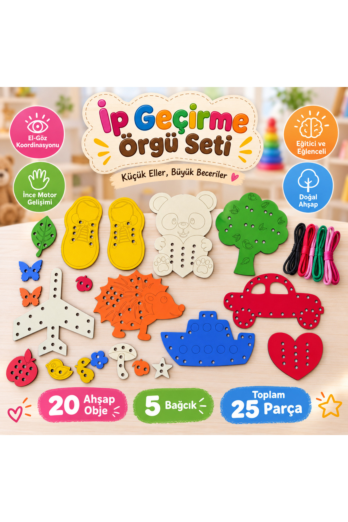 Trendy Toys Eğitici Ahşap Renkli Ip Geçirme Örgü Seti 25 Parça Montessori El Kası Geliştirme Oyunu