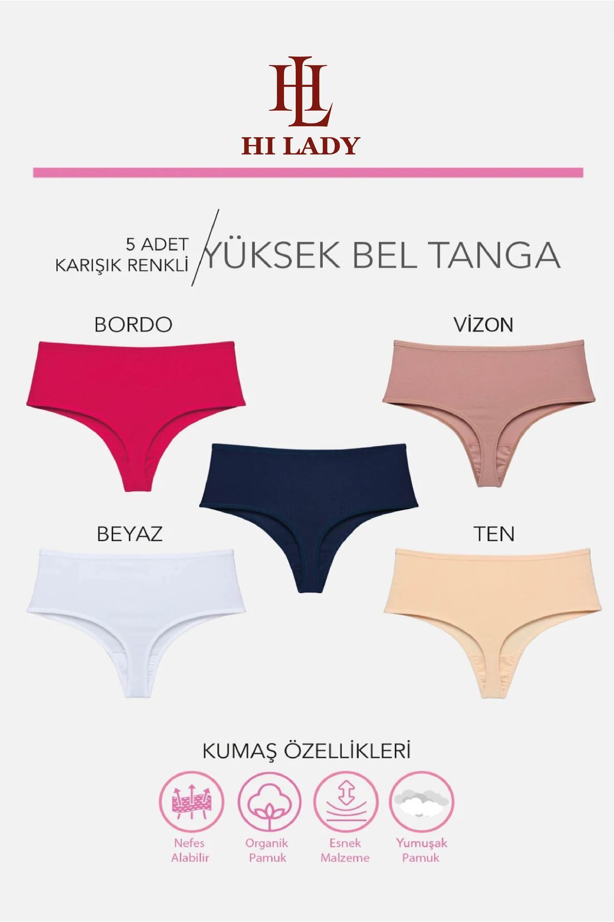 Hilady Kadın Tanga, Yüksek Bel Tanga 5'li Paket, String Tanga Külot, Pamuklu Kumaş görsel 3