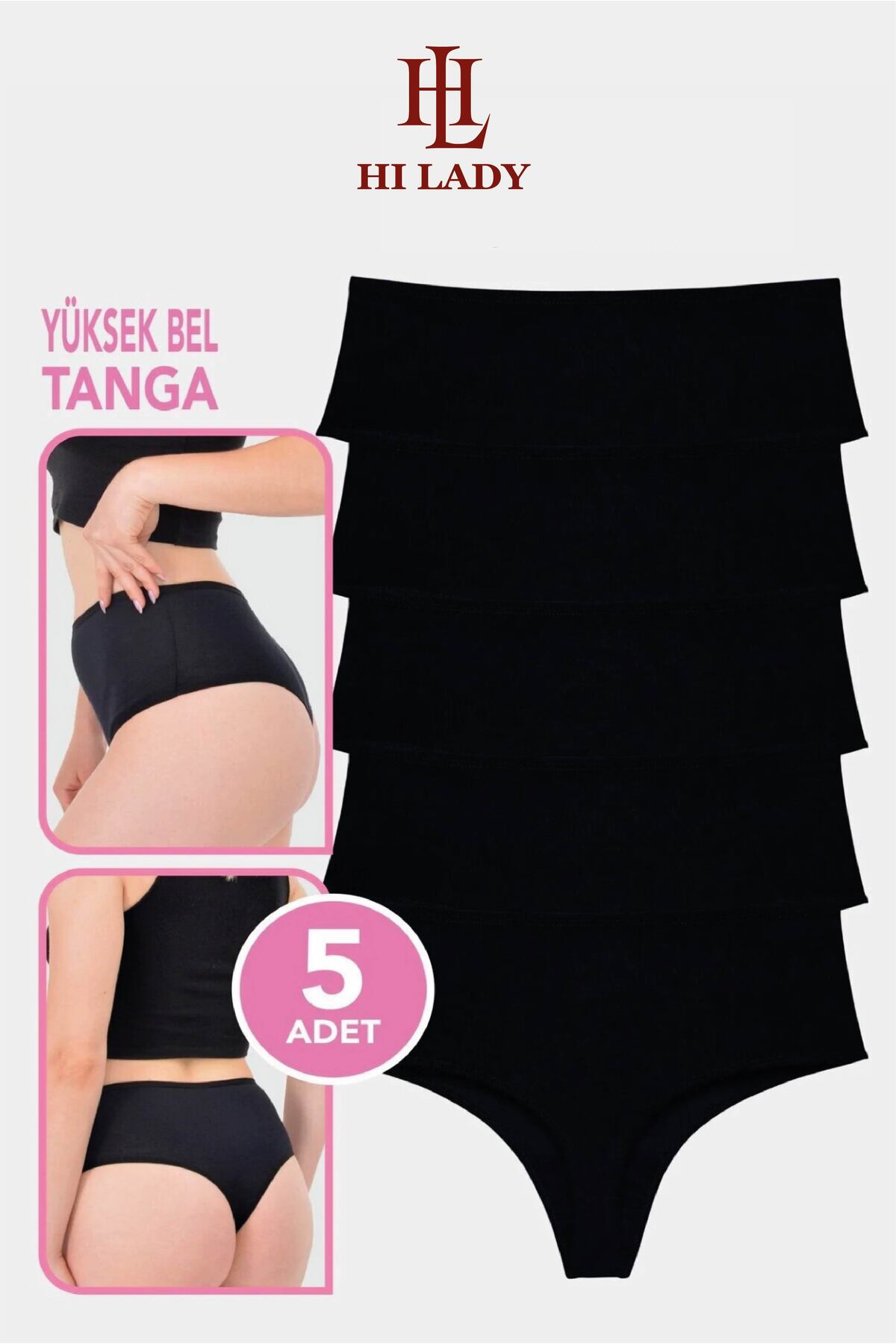 Hilady Kadın Tanga, Yüksek Bel Tanga 5'li Paket Siyah String Tanga Külot Pamuklu Kumaş görsel 5
