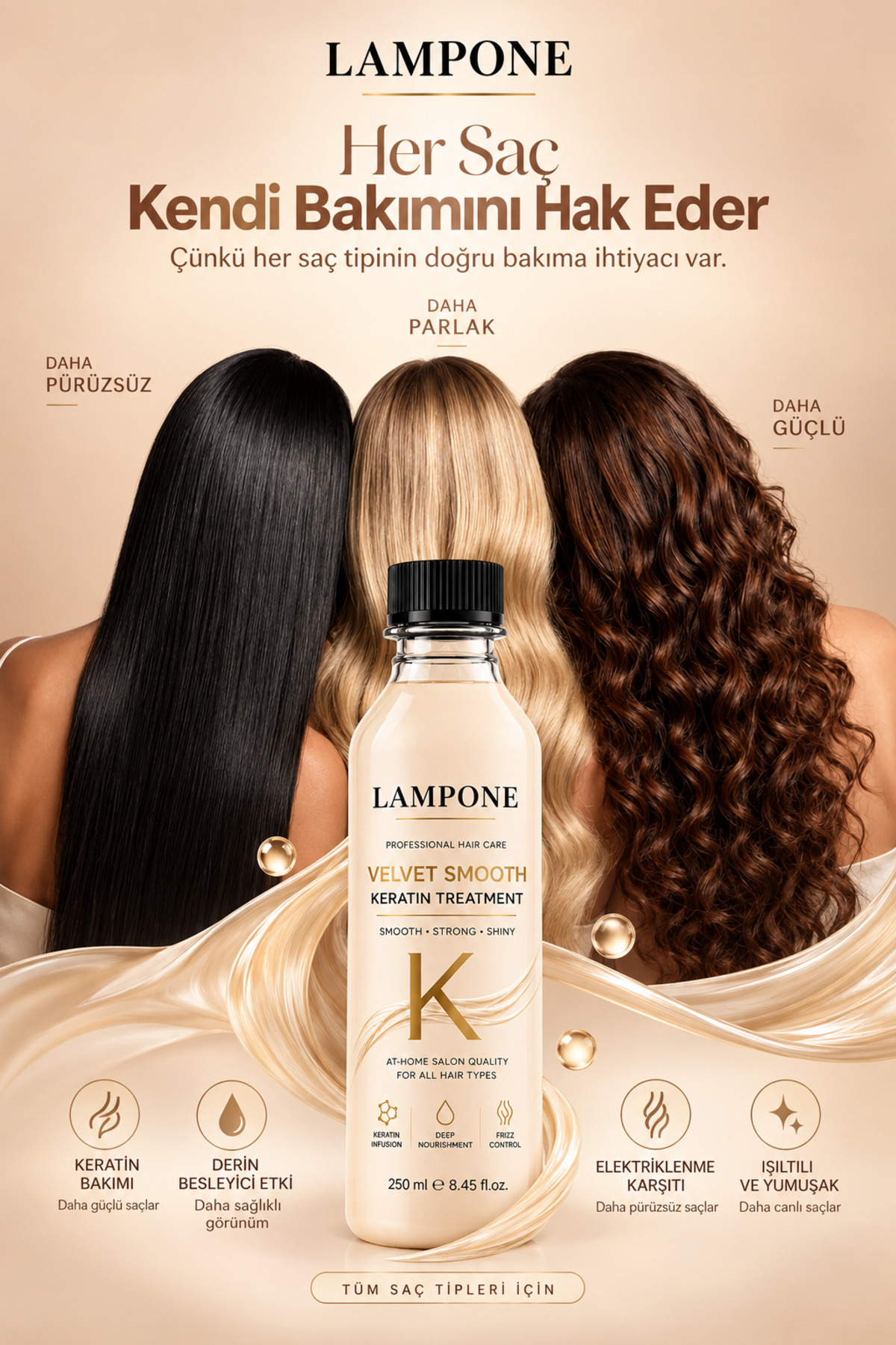 Keratin Saç Düzleştirici Bağ Onarıcı Bakım 250 ML Velvet Smooth — lamponekeratin250ml1 — تصویر 3 از 4