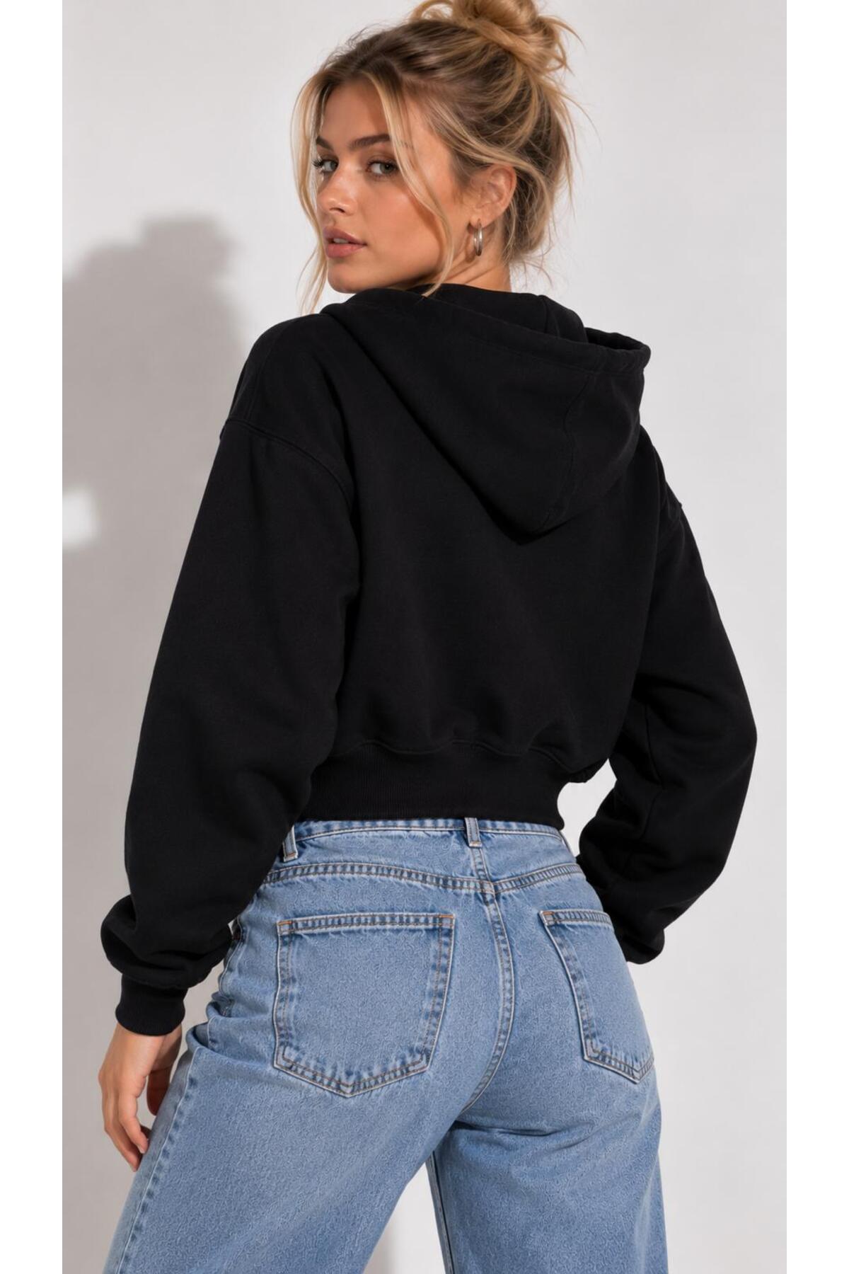 Lizbon Style Kadın Rahat Kalıp 3 Iplik Kapüşonlu Silver Fermuarlı Crop Sweatshirt - Siyah görsel 4