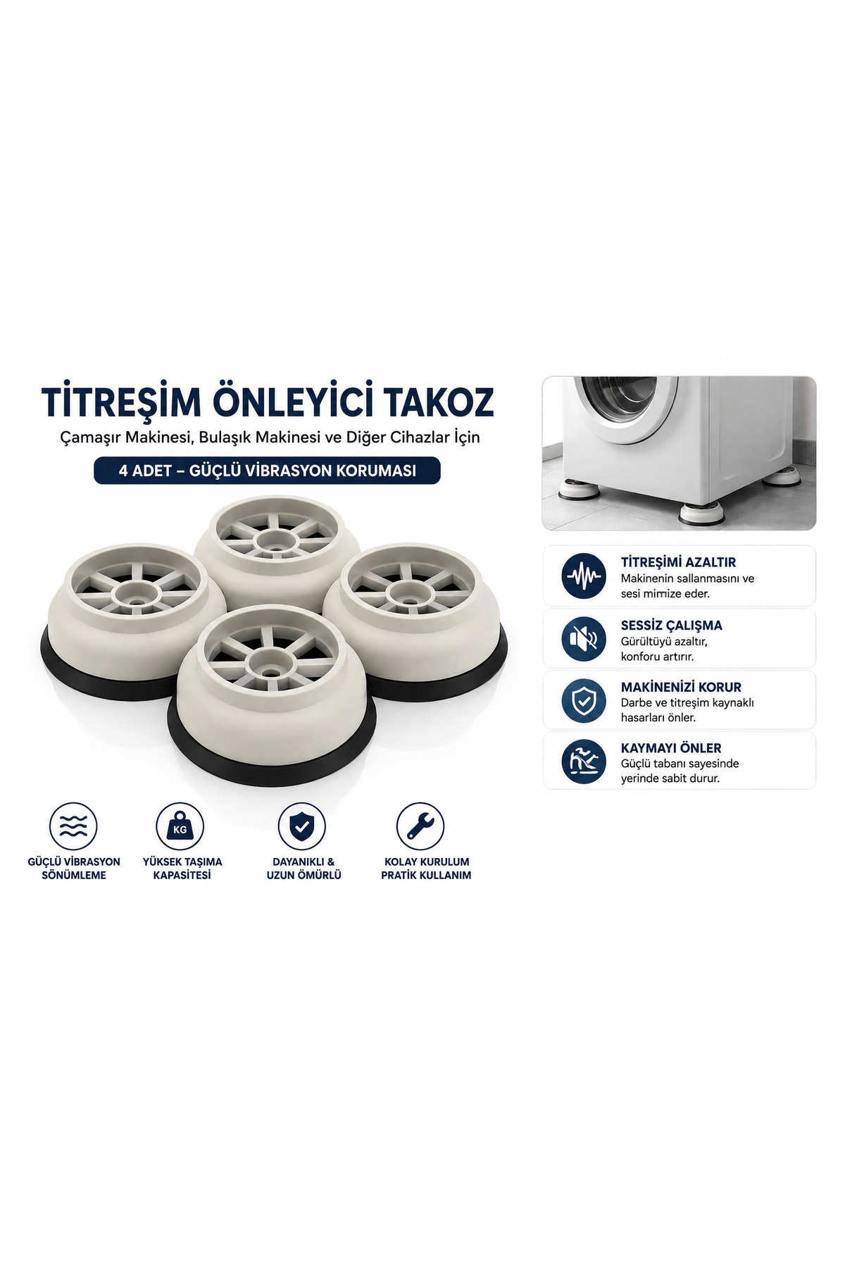 MemoDigital Tüm Marka Ve Modellere Uyumlu Çamaşır Makinası Ses Titreşim Önleyici Ayak Takoz - 4 Adet