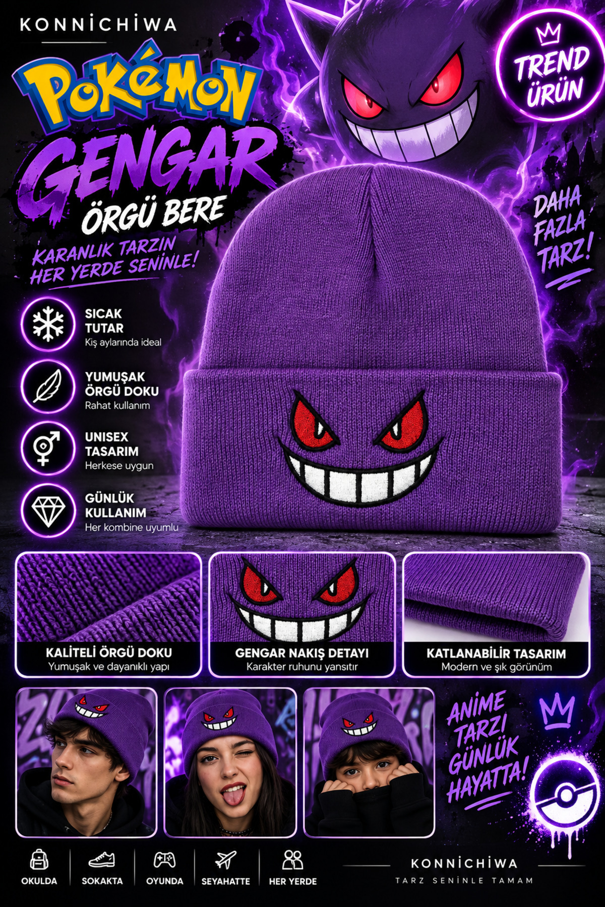 FG KONNİCHİWA Gengar Pokémon KIŞLIK BERE GÜNLÜK TREND MODA FASİON