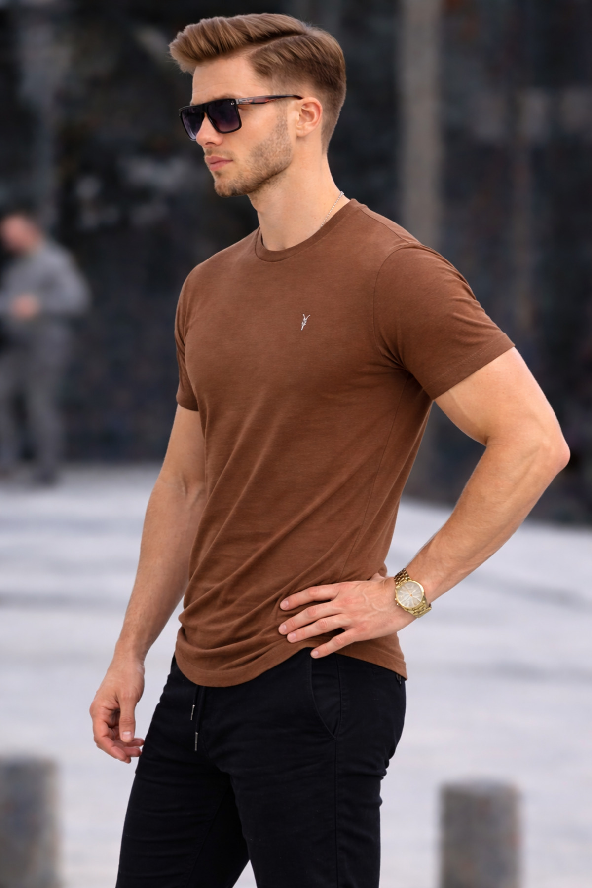 COMBİNE MİCHAİL Erkek Bisiklet Yaka Slim Basic Kahve Tişört görsel 5