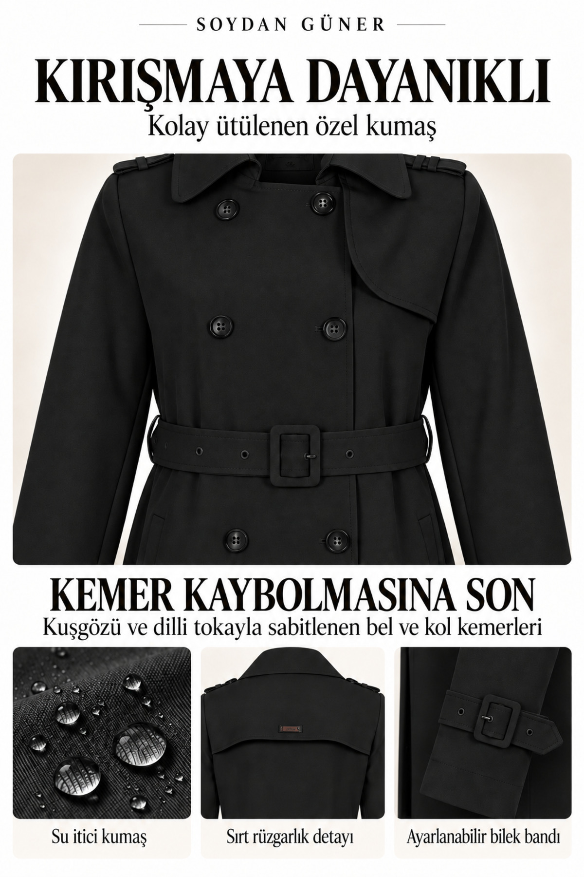 Soydan Güner Su Itici Özellikli Kırışmaz Kumaş Trençkot Siyah 5840 görsel 3