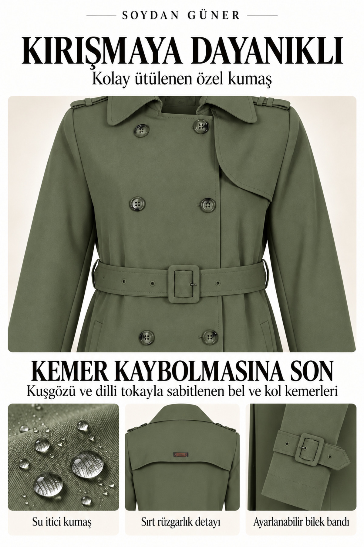Soydan Güner Su Itici Özellikli Kırışmaz Kumaş Trençkot Haki 5840 görsel 3