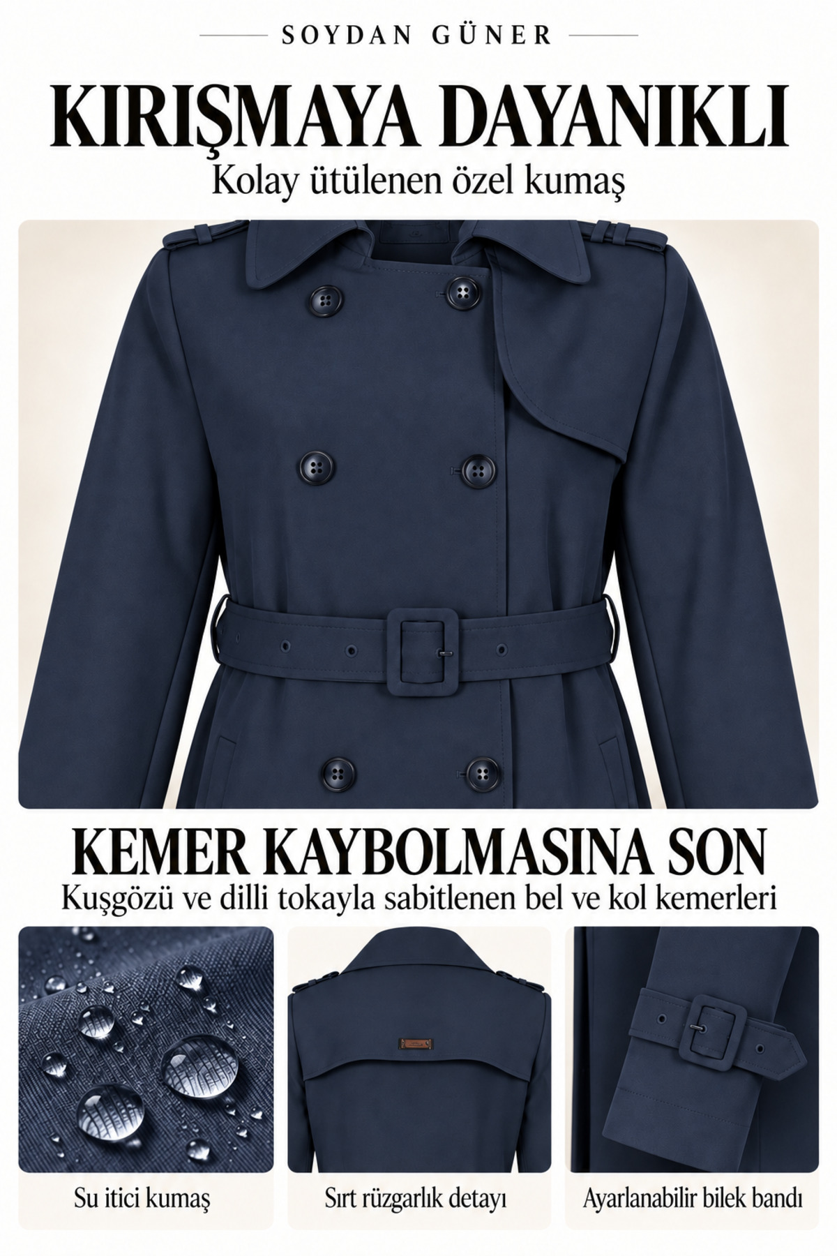 Soydan Güner Su Itici Özellikli Kırışmaz Kumaş Trençkot Lacivert 5840 görsel 3