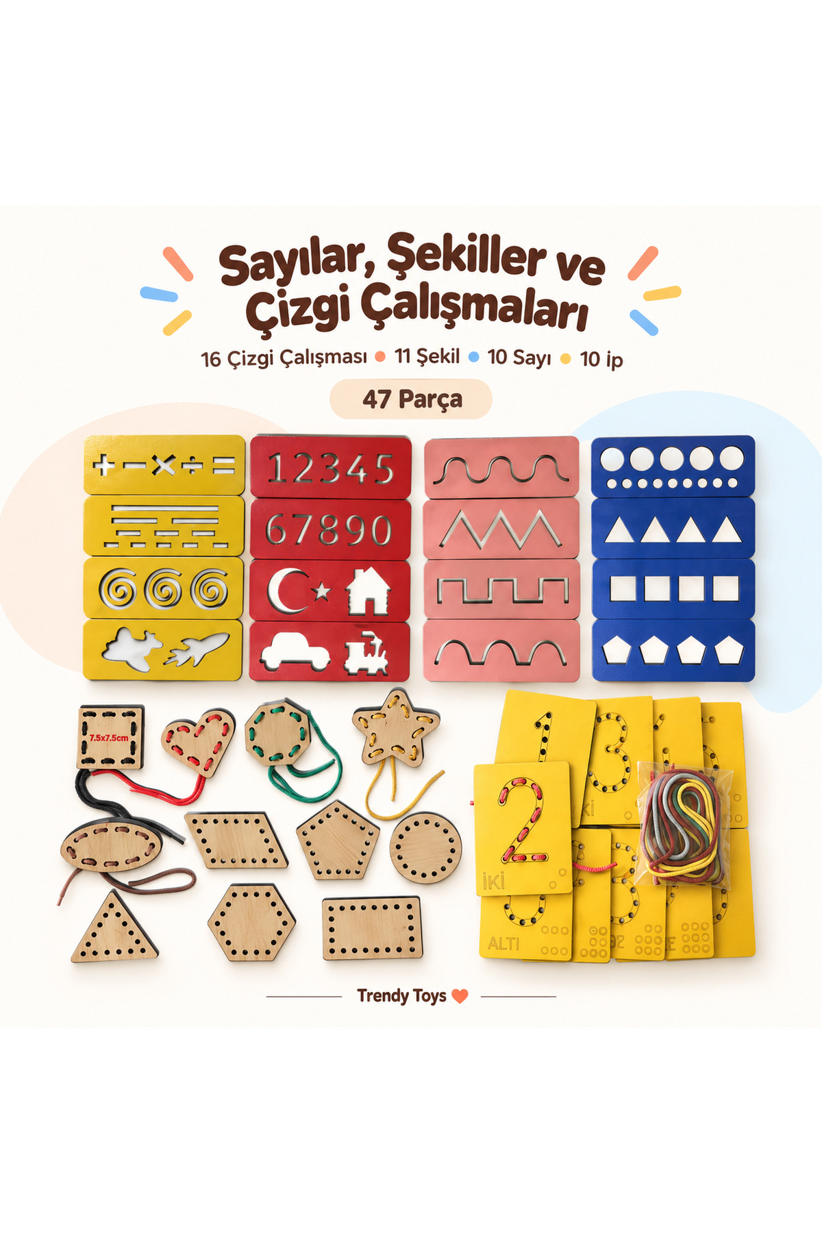 Trendy Toys Eğitici Ahşap Çizgi Çalışmaları,Sayı ve Şekiller Ip Geçirme El Kası Geliştirme