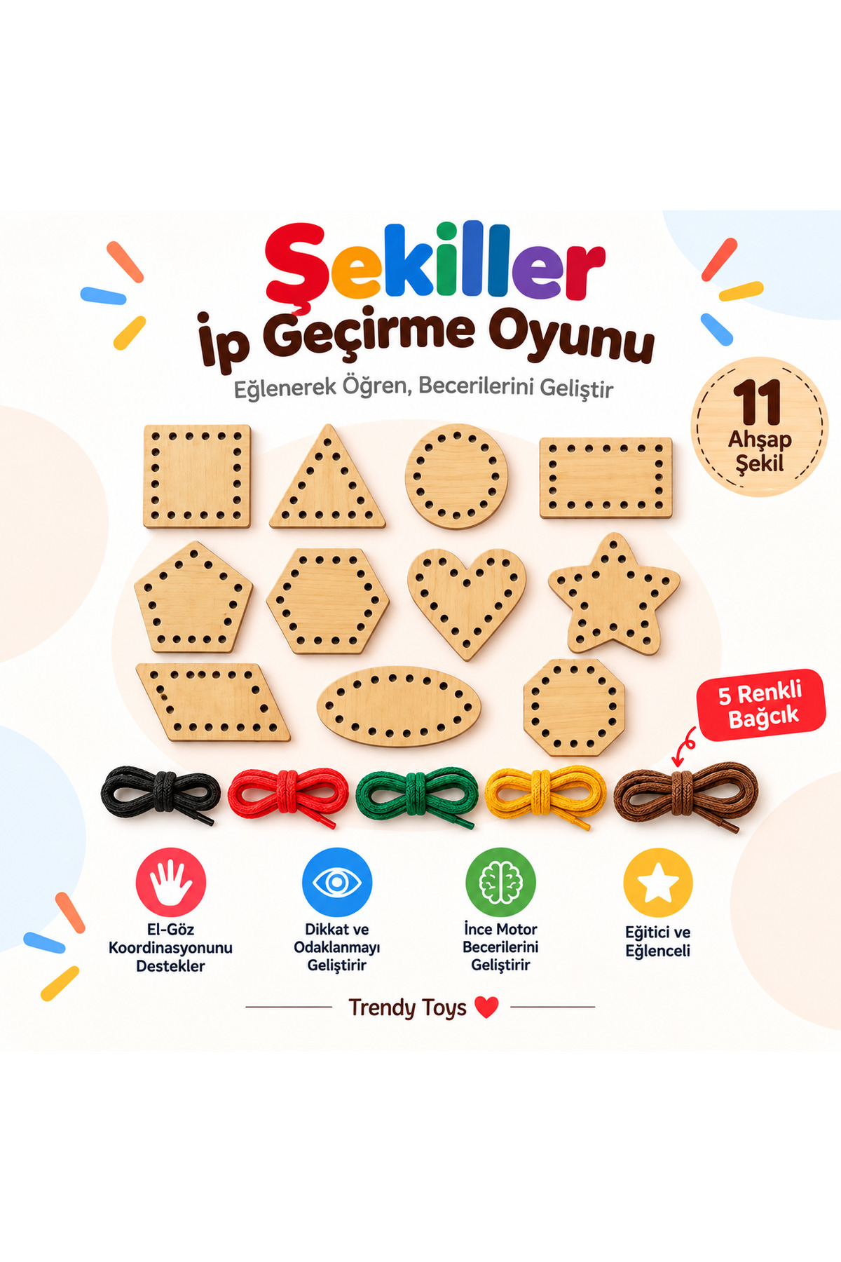 Trendy Toys Eğitici Ahşap Şekiller Ip Geçirme Montessori El Kası Geliştirme