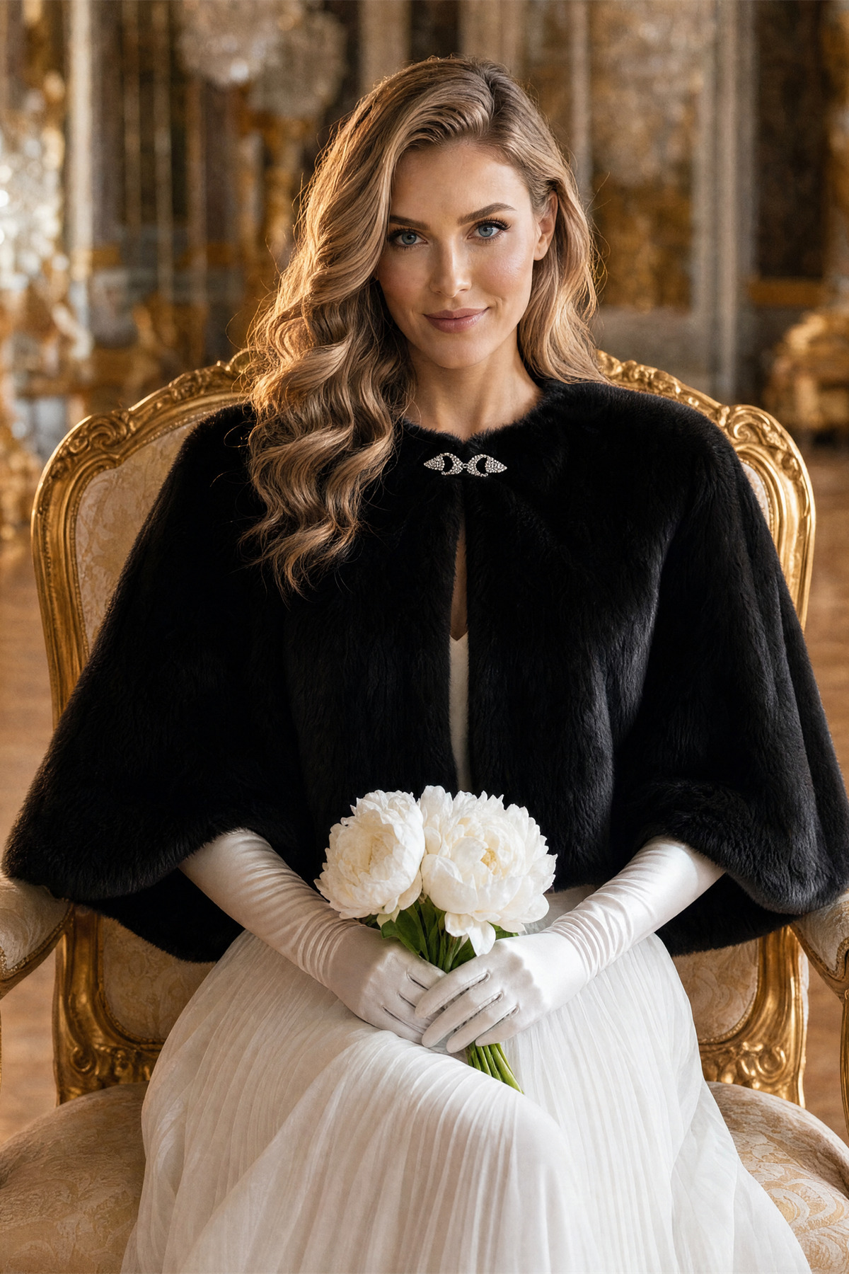 Elegance Scarf Broşlu Premium Kürk Etol Gelin Bolero Kürk Bolero Gelin Şalı Gelin Kürkü Omuz Şalı Siyah görsel 2