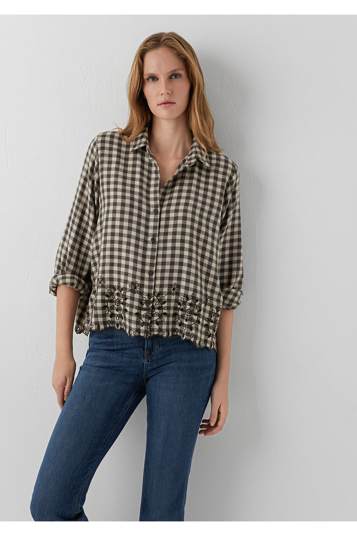 Mavi Nakış Detaylı Kareli Gömlek Loose Fit / Bol Rahat Kesim 1211298-91757 görsel 2