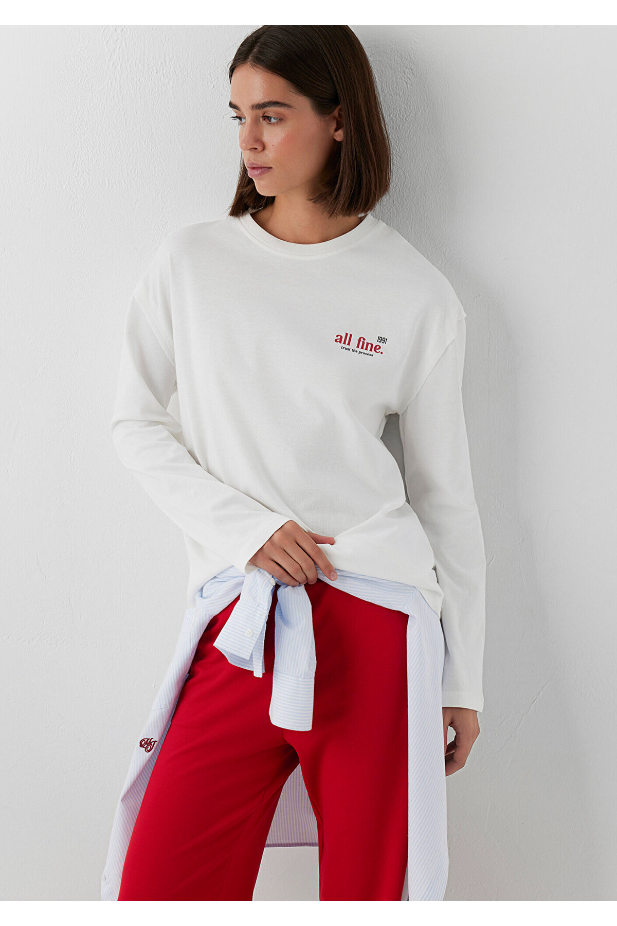 Mavi Baskılı Ekru Tişört Loose Fit / Bol Rahat Kesim 1620042-70057 görsel 2