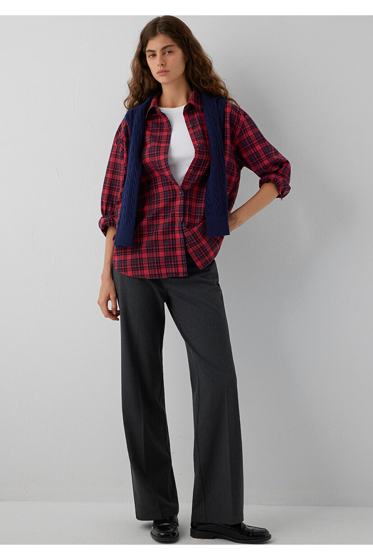 Mavi Kareli Kırmızı Gömlek Loose Fit / Bol Rahat Kesim 1211586-80120 görsel 2