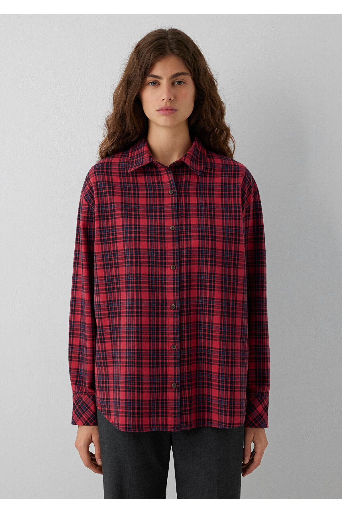 Mavi Kareli Kırmızı Gömlek Loose Fit / Bol Rahat Kesim 1211586-80120 görsel 3