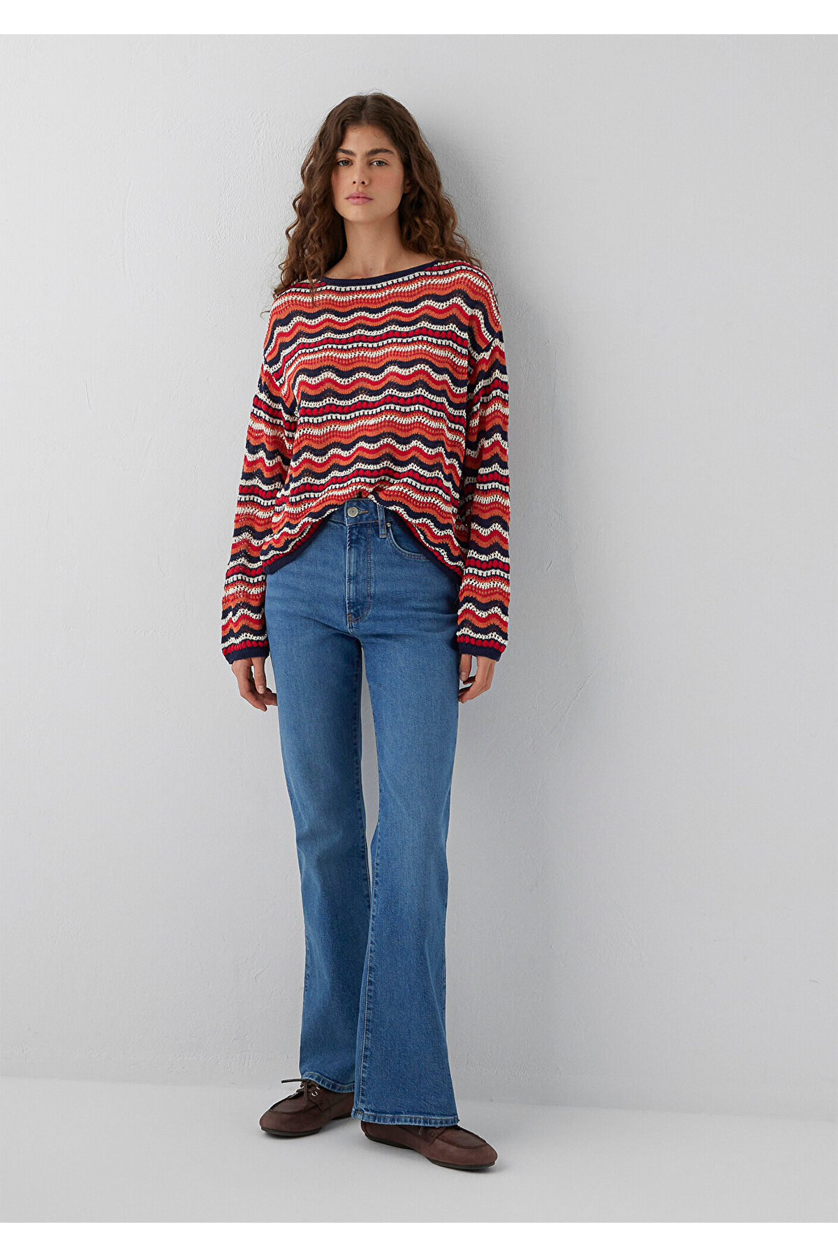Mavi Turuncu Jakarlı Kazak Loose Fit / Bol Rahat Kesim 1710972-91010 görsel 3